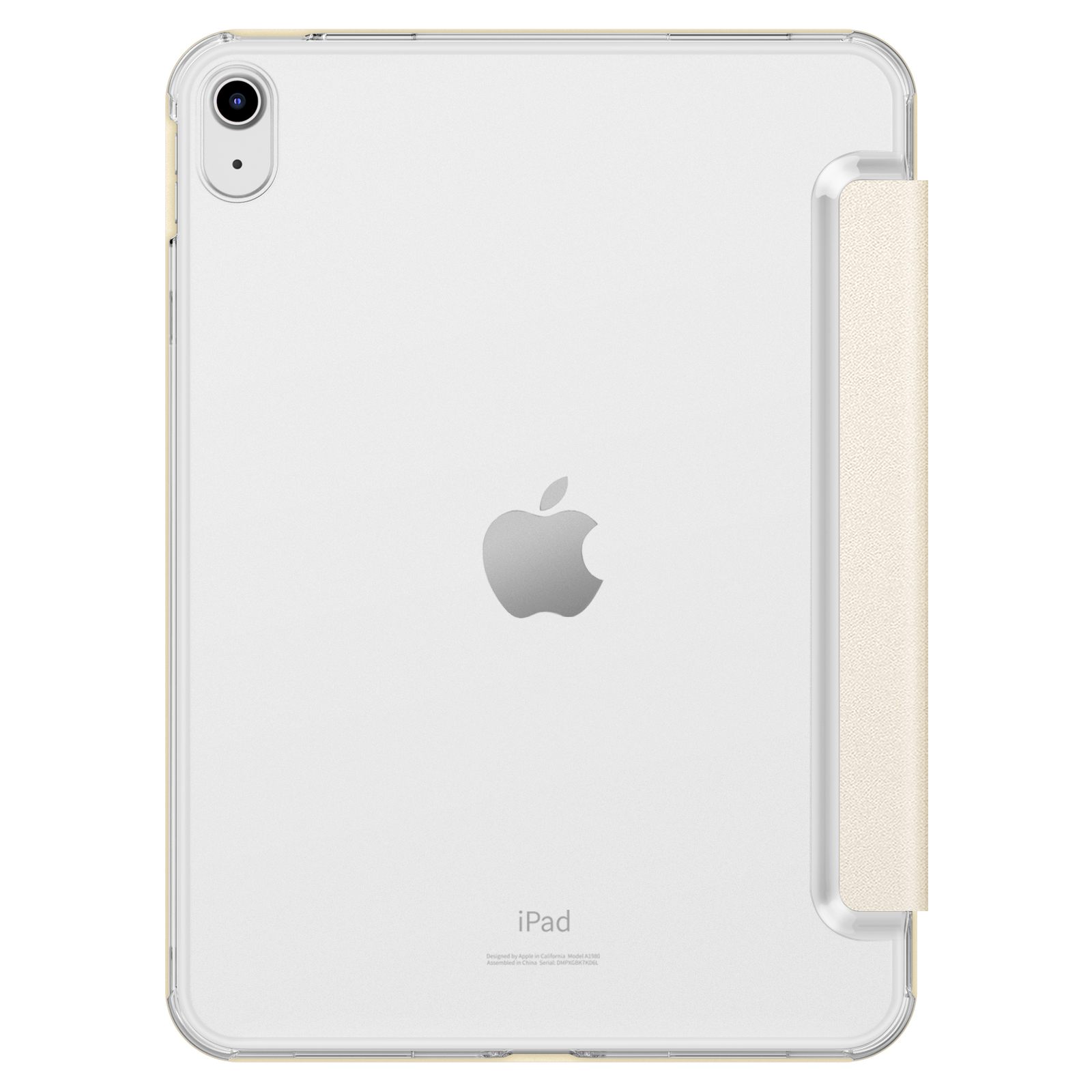 Die Rückseite eines weißen iPads mit einem hellbraunen Tri-Fold-Case wird angezeigt.