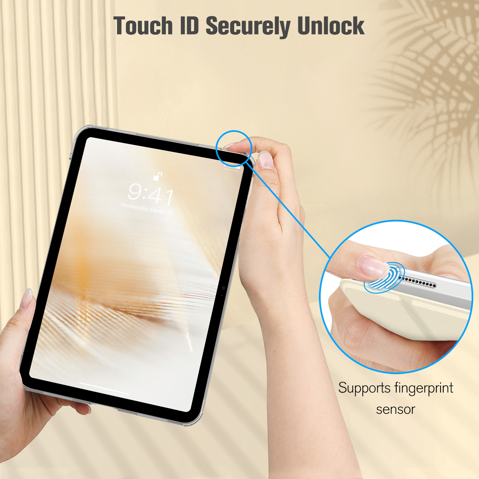 Eine Person entsperrt ein iPad mit Touch ID zur Fingerabdruckerkennung.