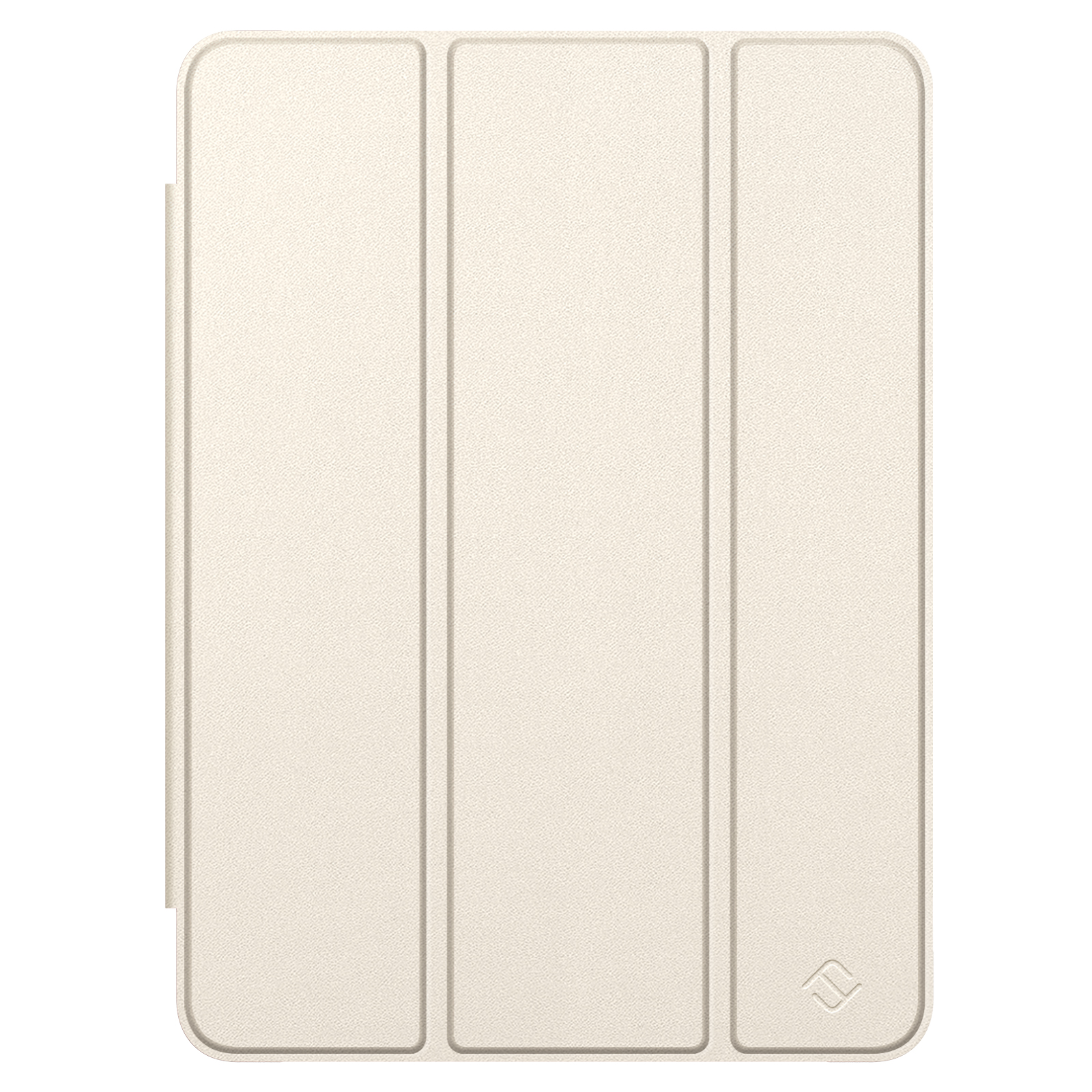 Ein beigefarbenes Tri-Fold-iPad-Case wird auf weißem Hintergrund angezeigt.