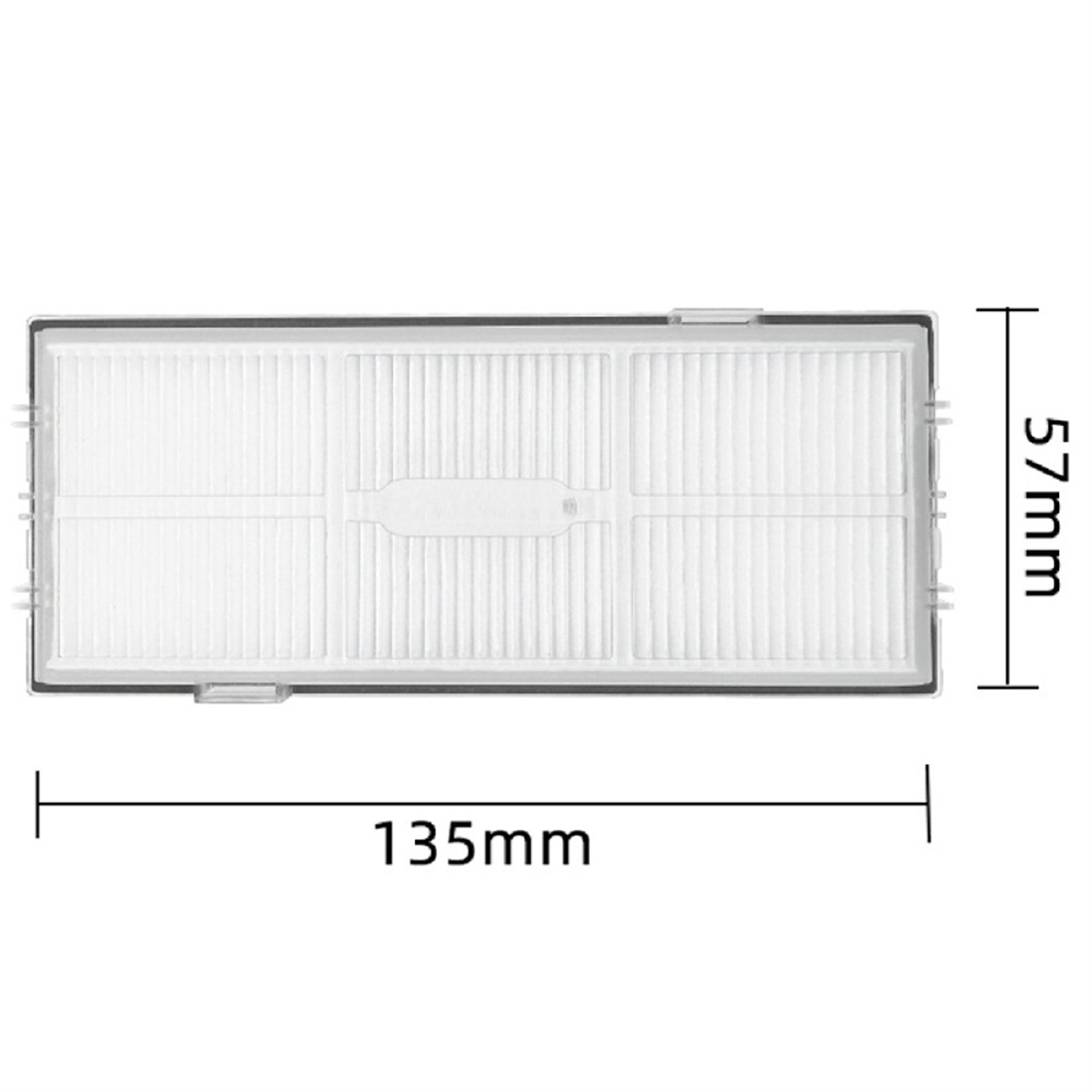 Ein rechteckiger Roboterstaubsaugerfilter mit den Maßen 135 mm x 57 mm, dargestellt vor einem weißen Hintergrund.