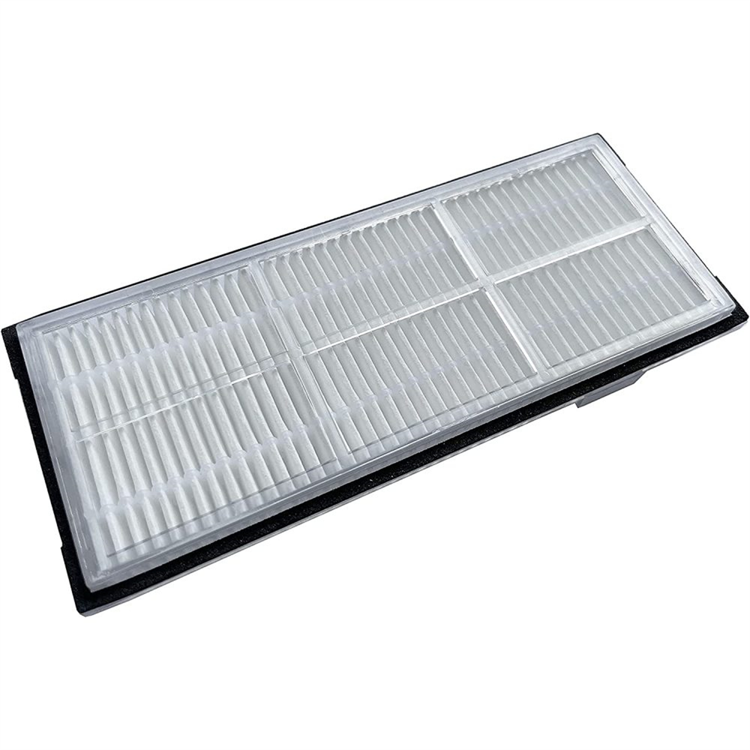 Ein weißer HEPA-Filter für einen Roboterstaubsauger mit einer schwarzen Schaumstoffdichtung um die Kanten.