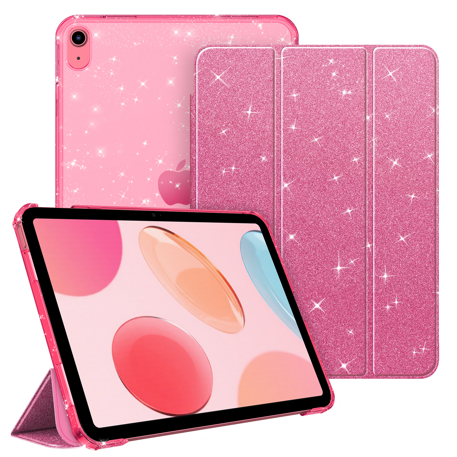 Eine pinkfarbene iPad-Hülle mit Glitzereffekt, die das Gerät und seine Hülle in verschiedenen Positionen und Winkeln zeigt.