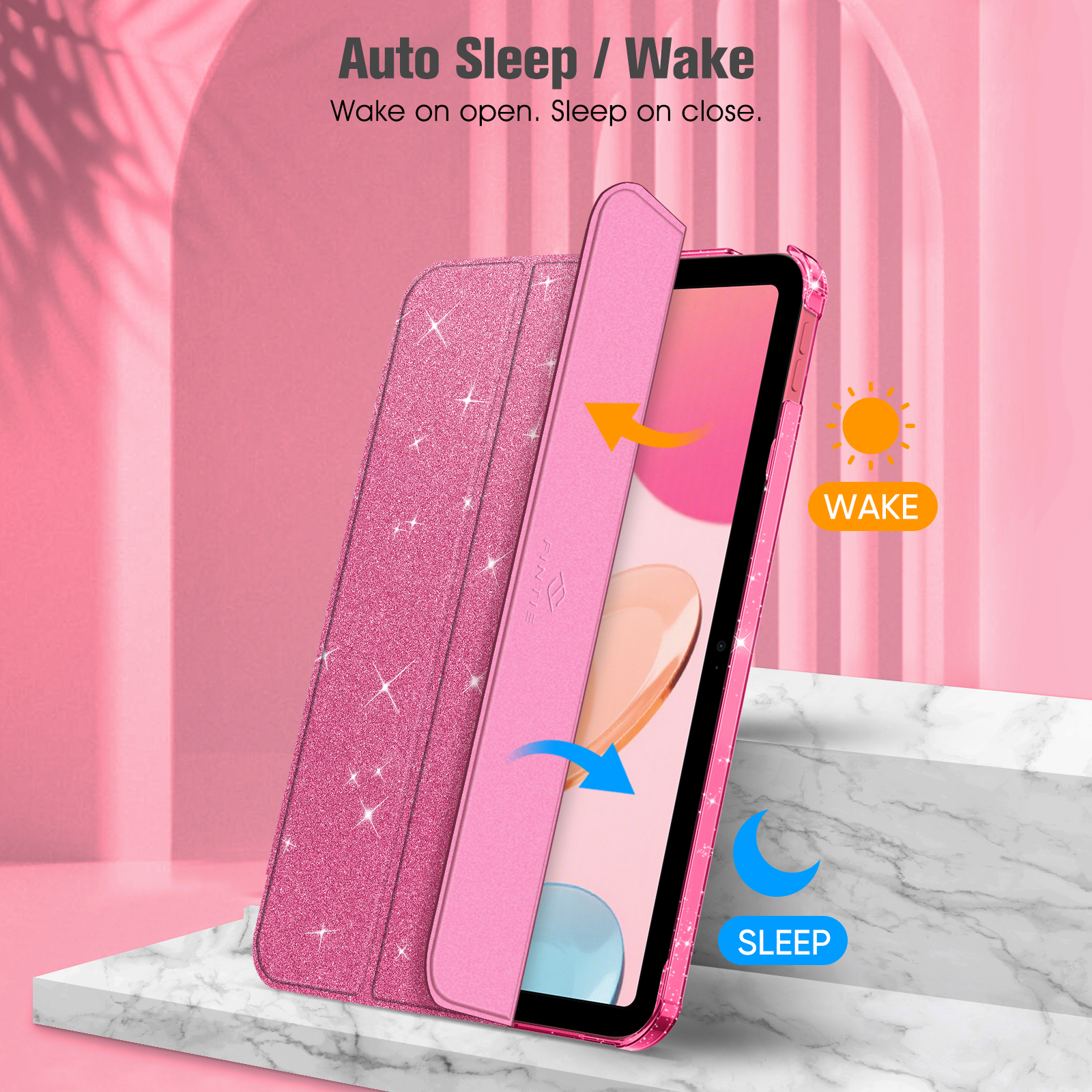 Pinkfarbene iPad-Hülle, die die Sleep/Wake-Funktion mit Sonnen- und Mondsymbolen zeigt und die automatische Sleep/Wake-Funktion hervorhebt.