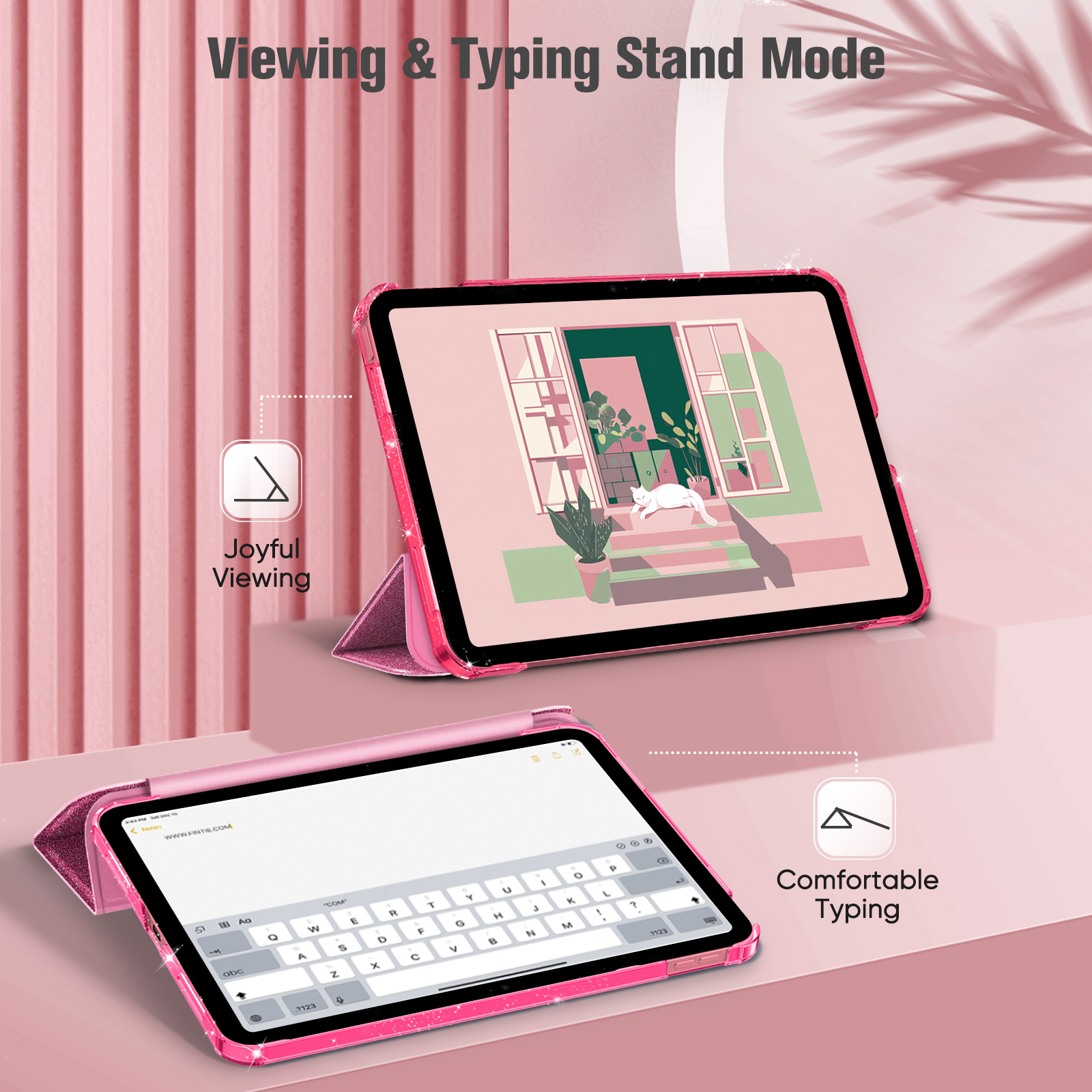 Pinkfarbene iPad-Hülle, die den Betrachtungs- und Tippständer-Modus zeigt und die Funktionen für freudiges Betrachten und komfortables Tippen hervorhebt.