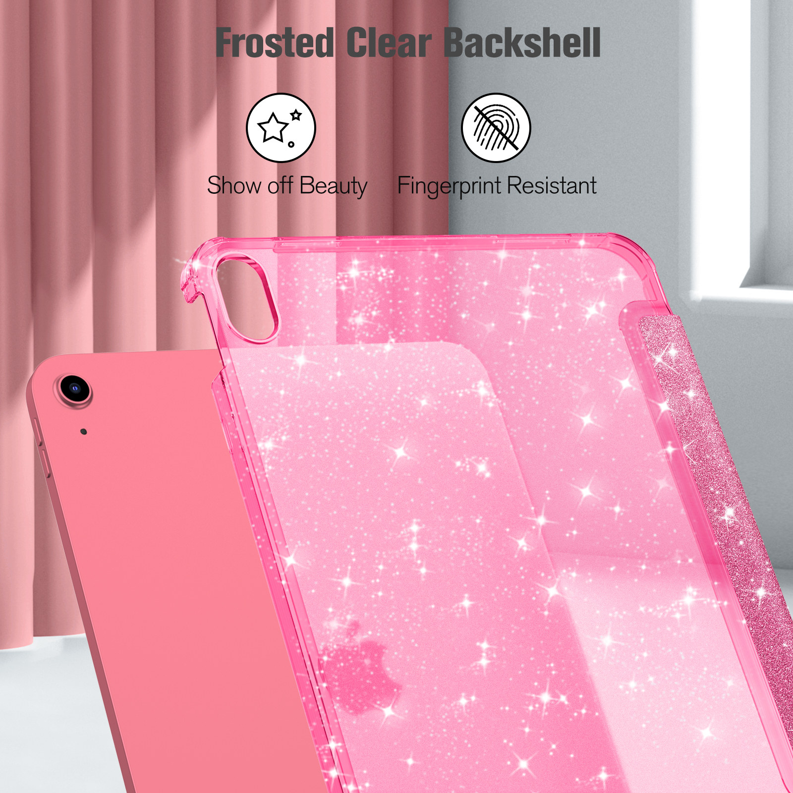 Eine rosafarbene iPad-Hülle wird gezeigt, die die klare Rückseite und die Fingerabdruck-resistenten Eigenschaften hervorhebt.