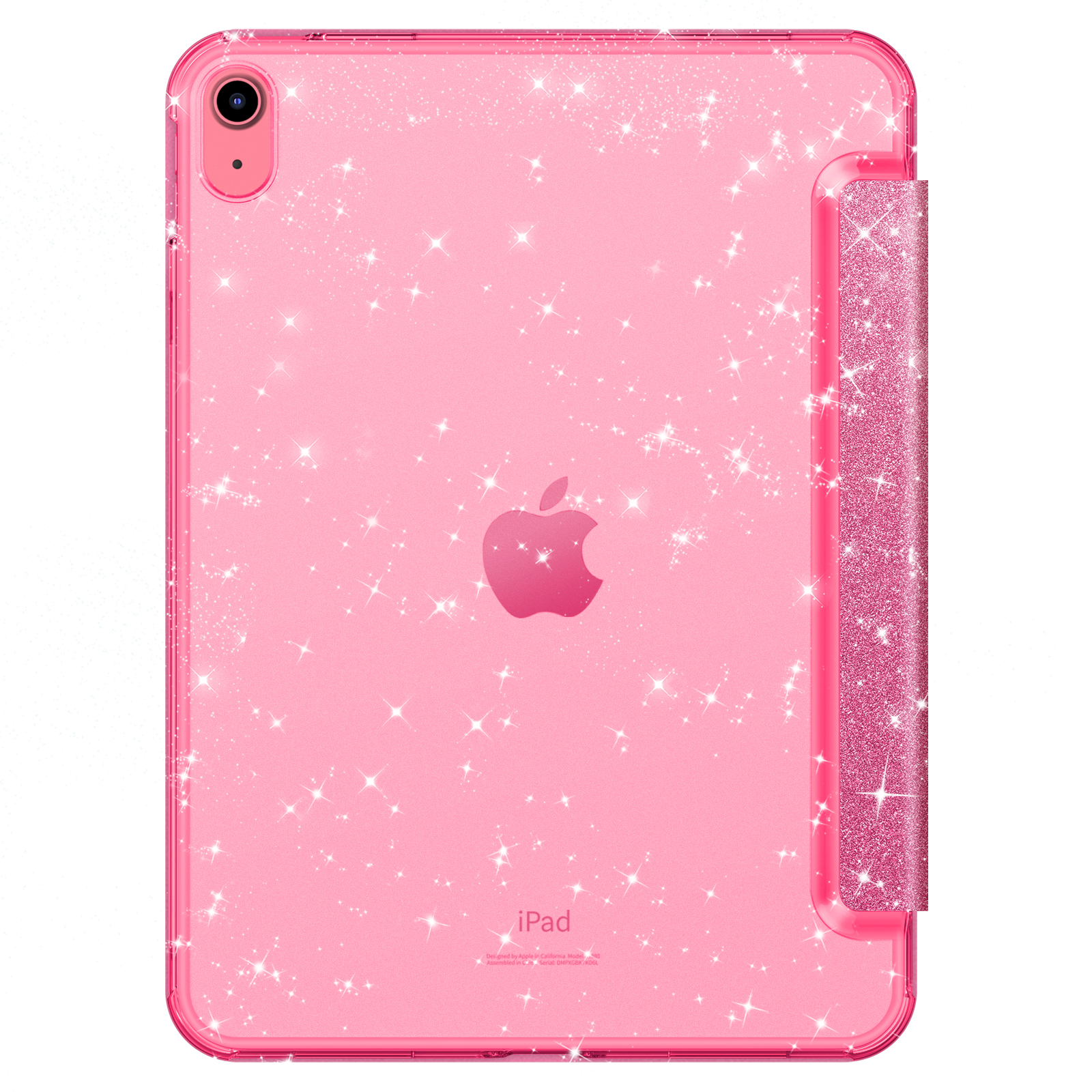 Eine rosafarbene iPad-Hülle mit glitzerndem Finish wird gezeigt, die das Apple-Logo auf der Rückseite zeigt.