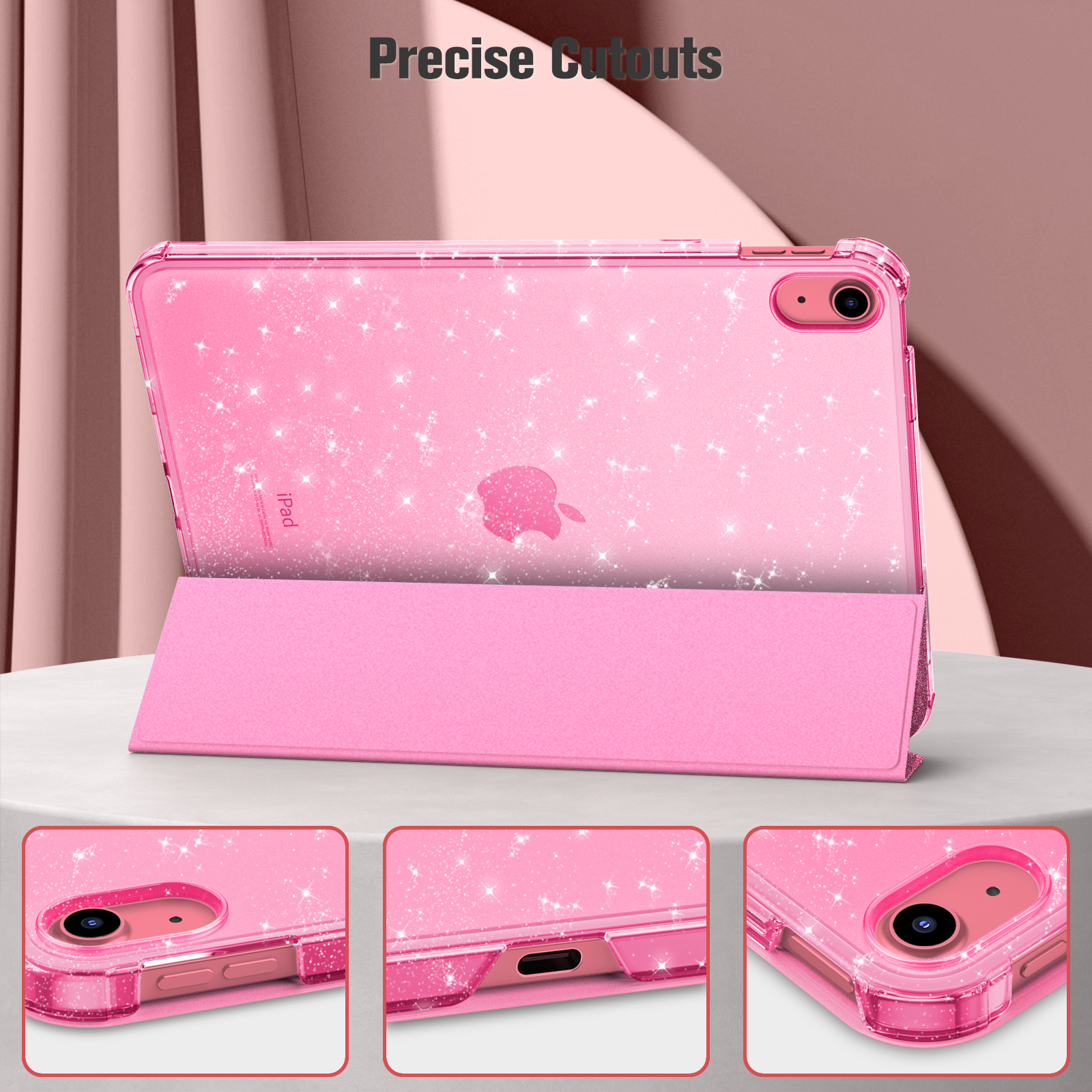 Eine rosafarbene iPad-Hülle mit Glitzer wird gezeigt, die präzise Ausschnitte und ein durchscheinendes Design aufweist.