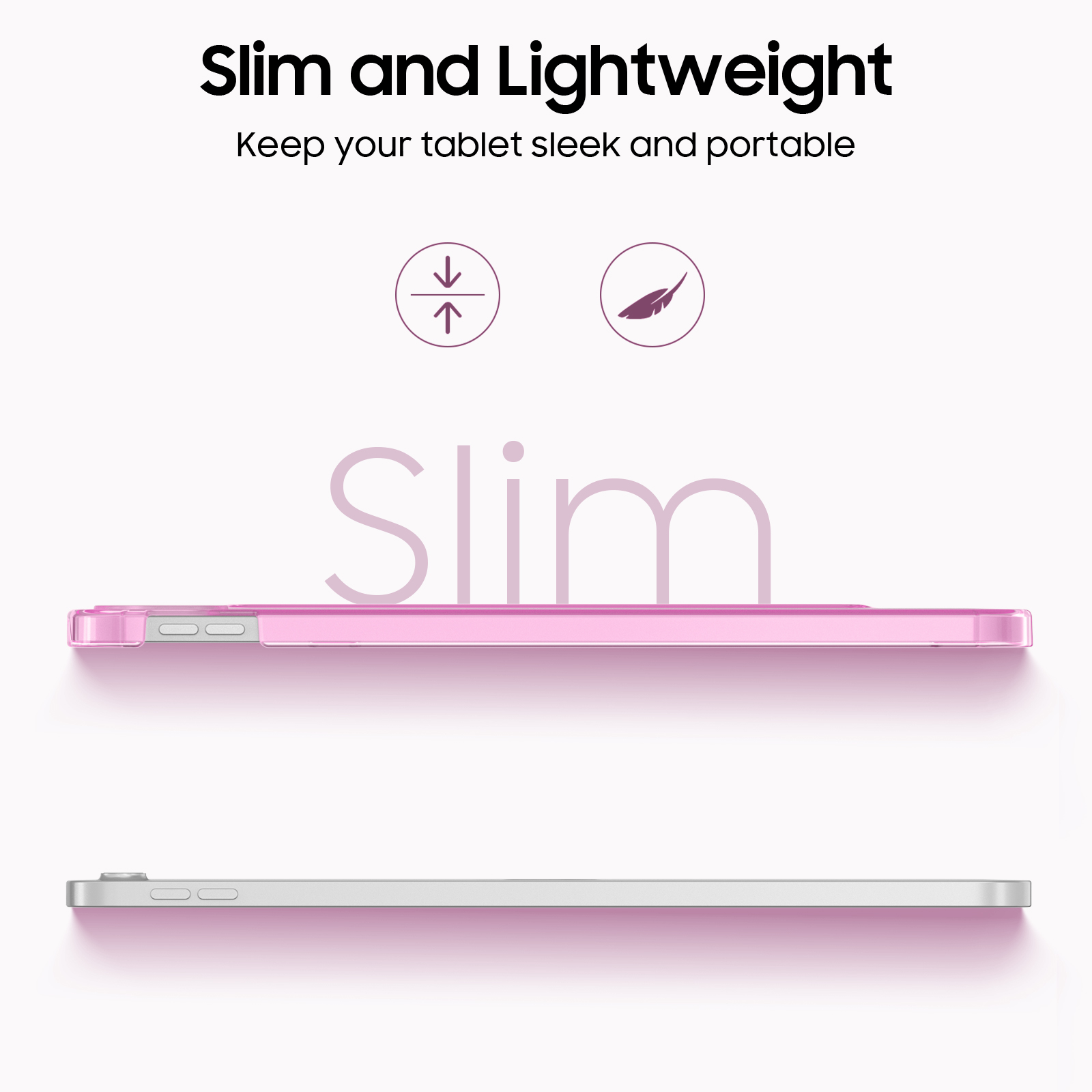 Eine schlanke, leichte rosafarbene iPad-Hülle wird neben einem silbernen iPad gezeigt, um das elegante Design hervorzuheben.