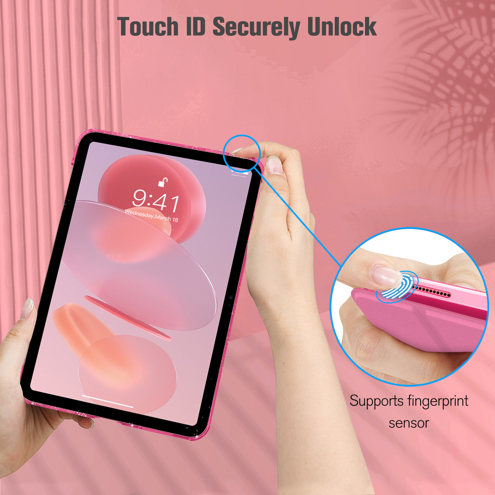 Eine rosafarbene iPad-Hülle wird gezeigt, die das Entsperren per Touch ID und die Unterstützung des Fingerabdrucksensors demonstriert.