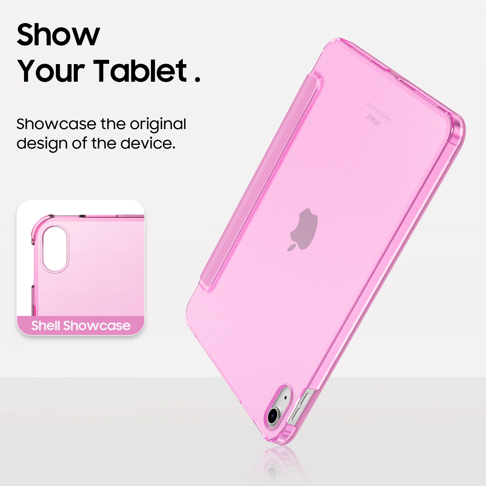 Eine rosafarbene iPad-Hülle wird gezeigt, die das Apple-Logo und das ursprüngliche Design des Geräts zeigt.