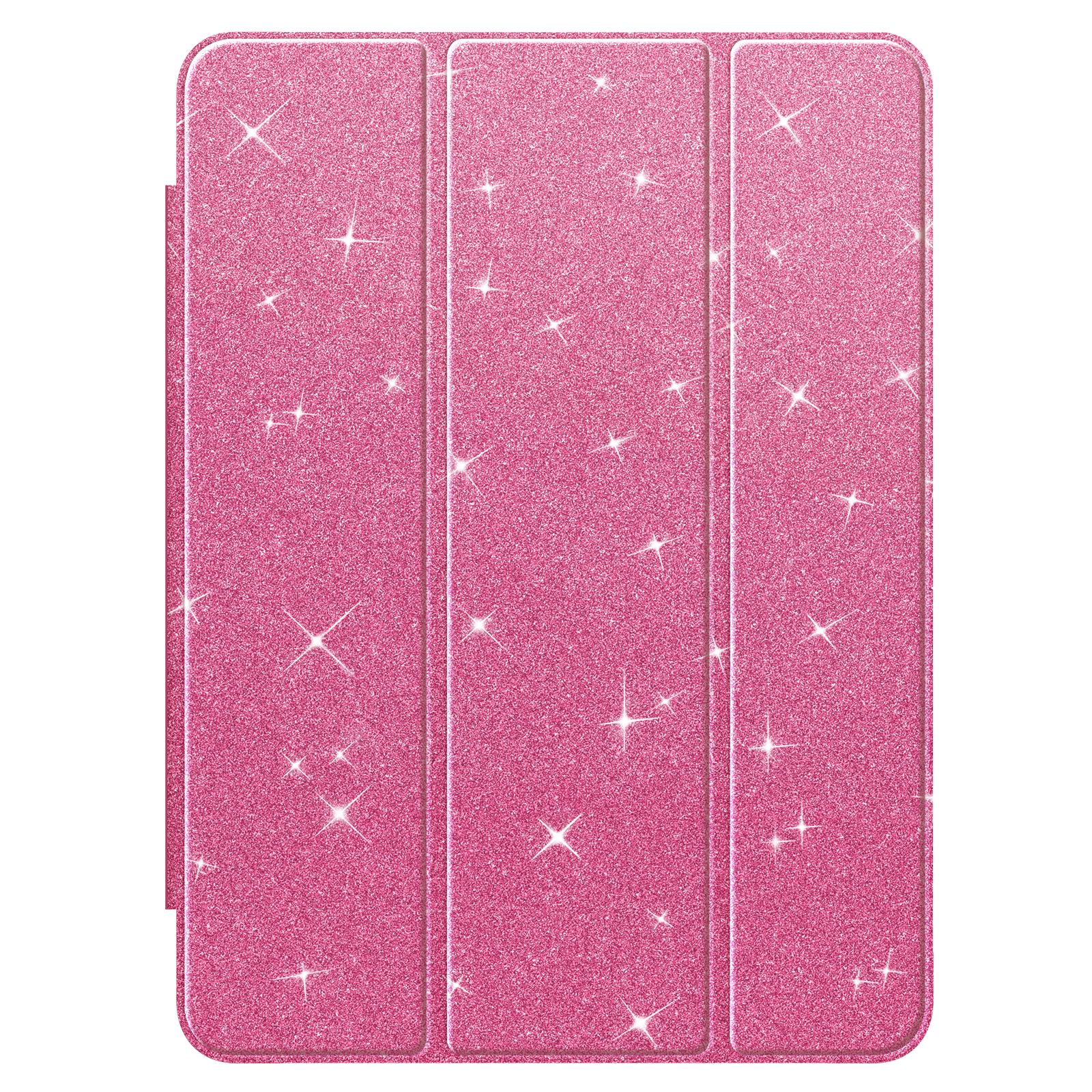 Eine rosafarbene iPad-Hülle mit glitzerndem Finish wird auf einem weißen Hintergrund angezeigt.