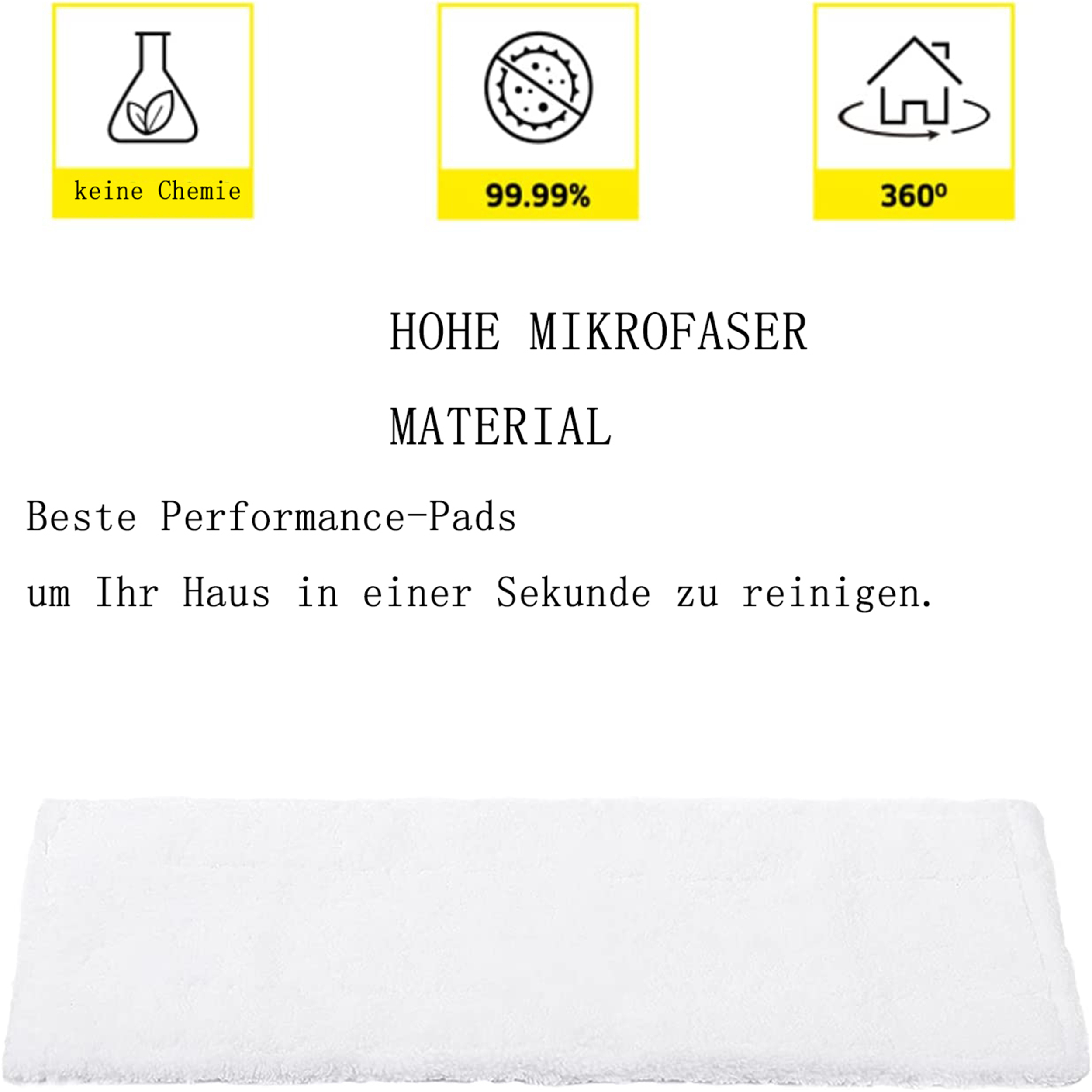 Ein weißes Mikrofaserpad wird mit deutschem Text und Symbolen angezeigt, die seine Reinigungseigenschaften zeigen.