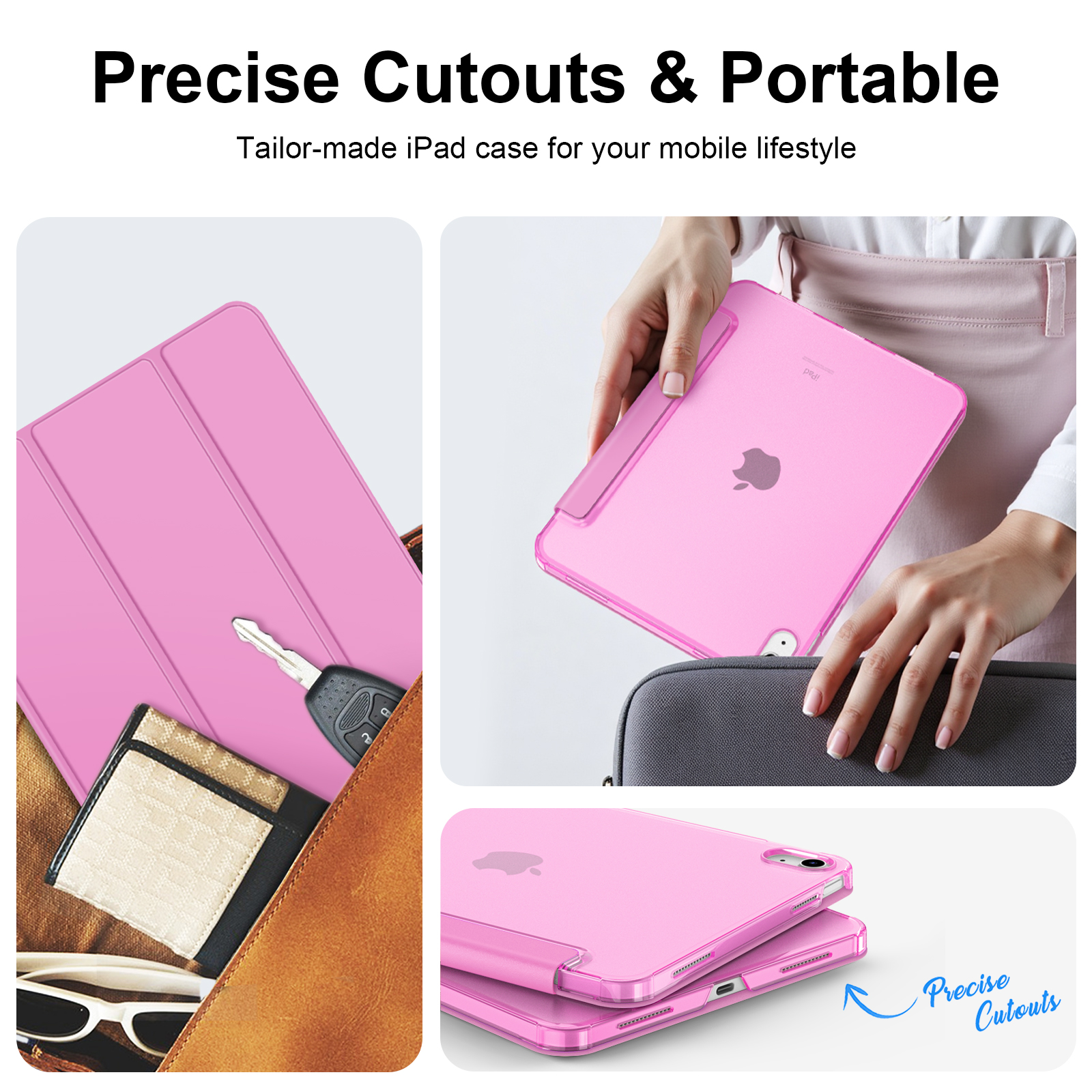 Eine rosafarbene iPad-Hülle wird in verschiedenen Lifestyle-Umgebungen gezeigt, die präzisen Ausschnitte und die Tragbarkeit hervorheben.