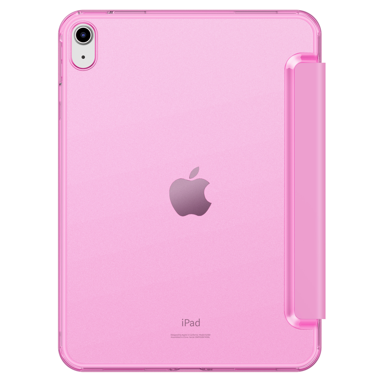 Eine rosafarbene iPad-Hülle wird gezeigt, die das Apple-Logo auf der Rückseite und ein klares, schützendes Design zeigt.
