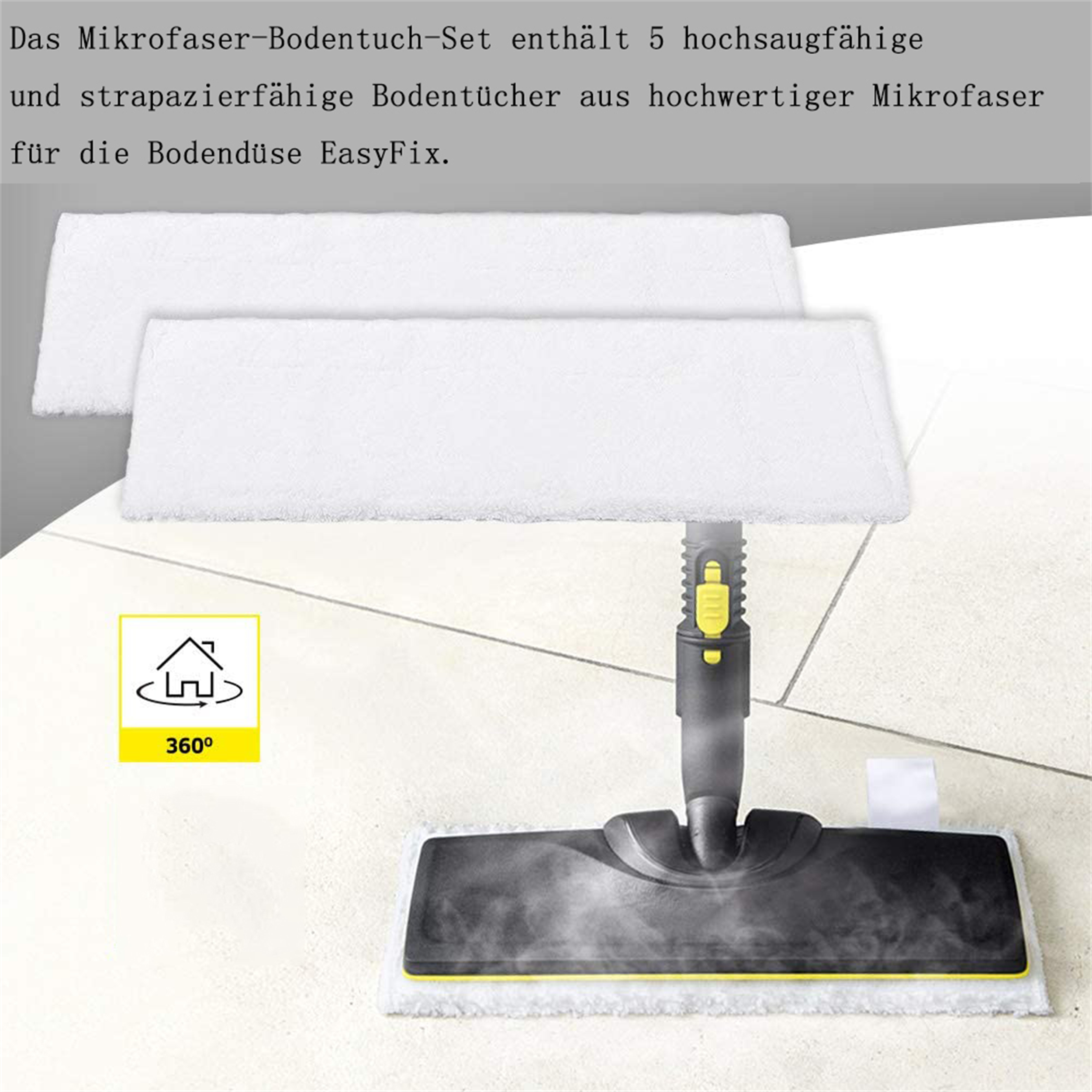 Ein Mopp mit zwei weißen Mikrofaserpads, die an der Unterseite des Moppkopfes befestigt sind.