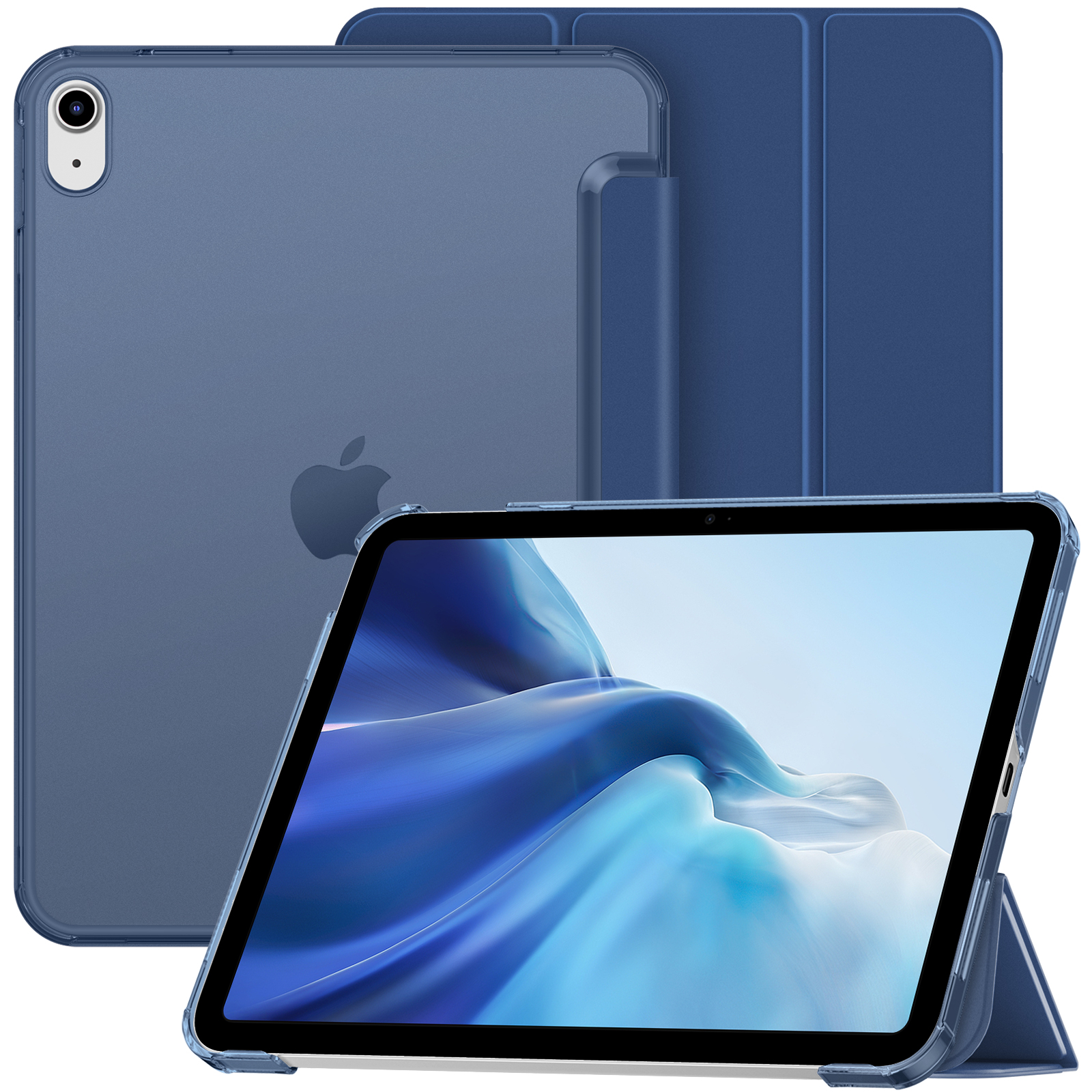 Ein blaues iPad in einer durchsichtigen Hülle wird gezeigt und präsentiert seinen Bildschirm und sein Design.