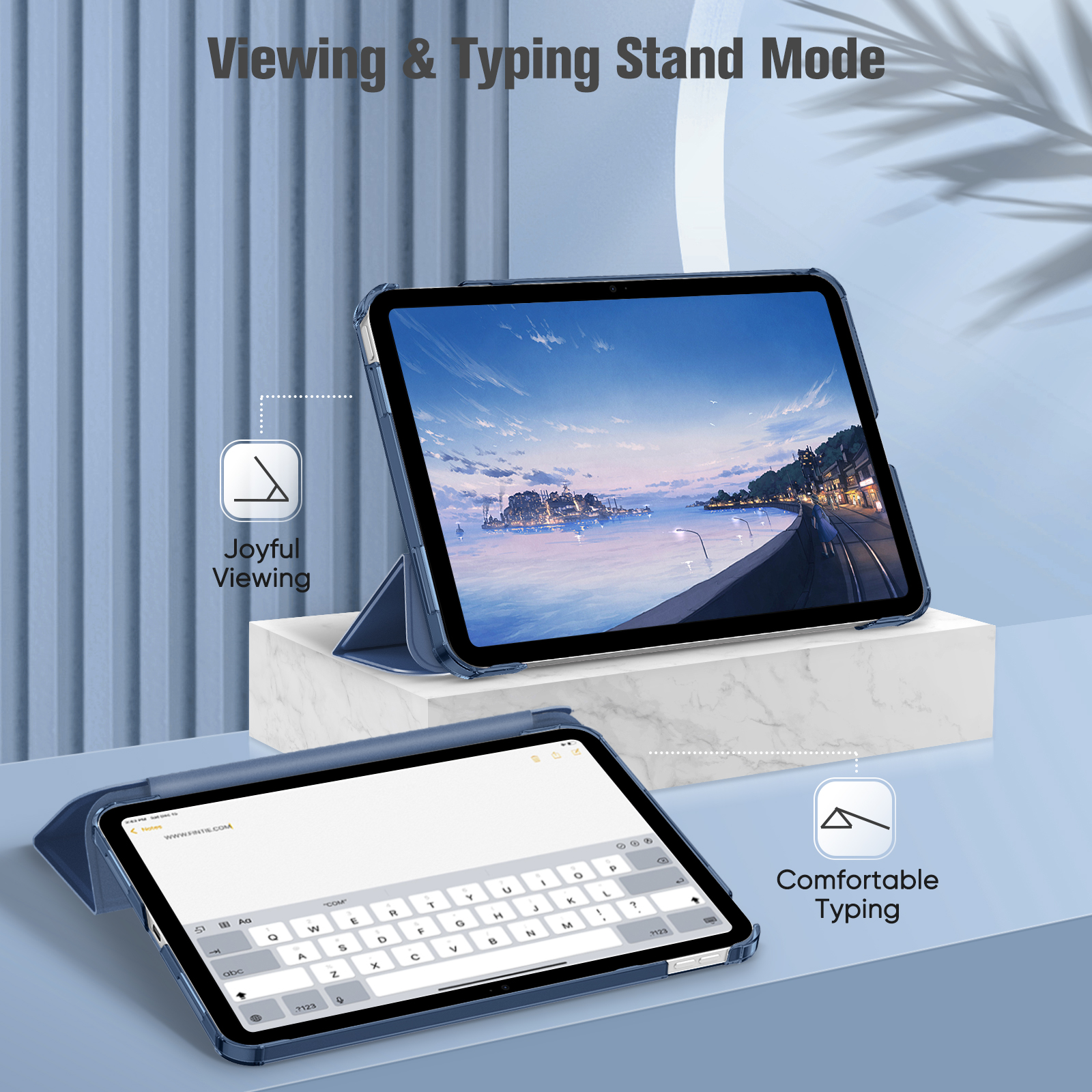 Eine blaue iPad-Hülle ermöglicht das Betrachten und Tippen im Standmodus.
