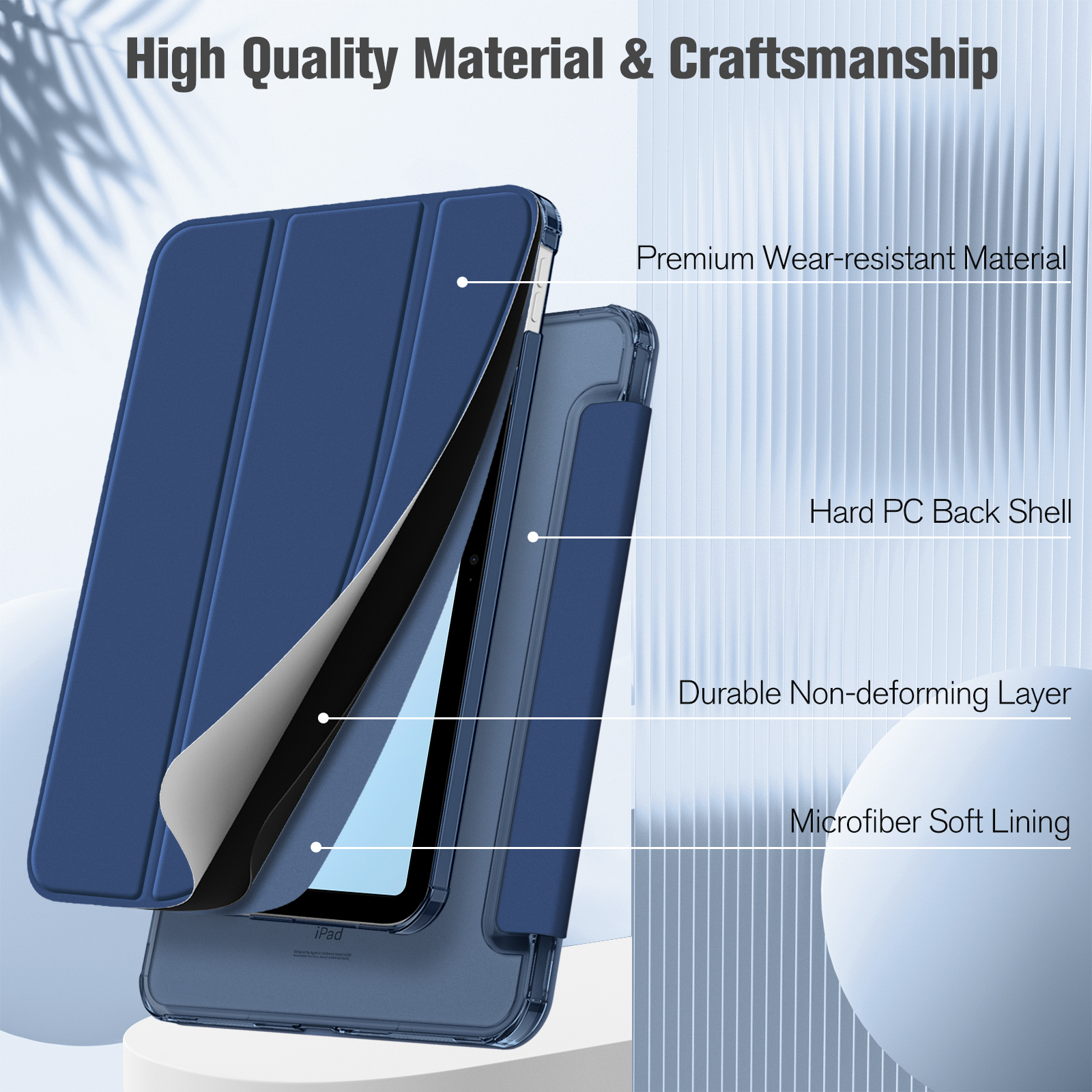 Eine blaue iPad-Hülle wird gezeigt, die ihr hochwertiges Material und ihre Verarbeitung hervorhebt.