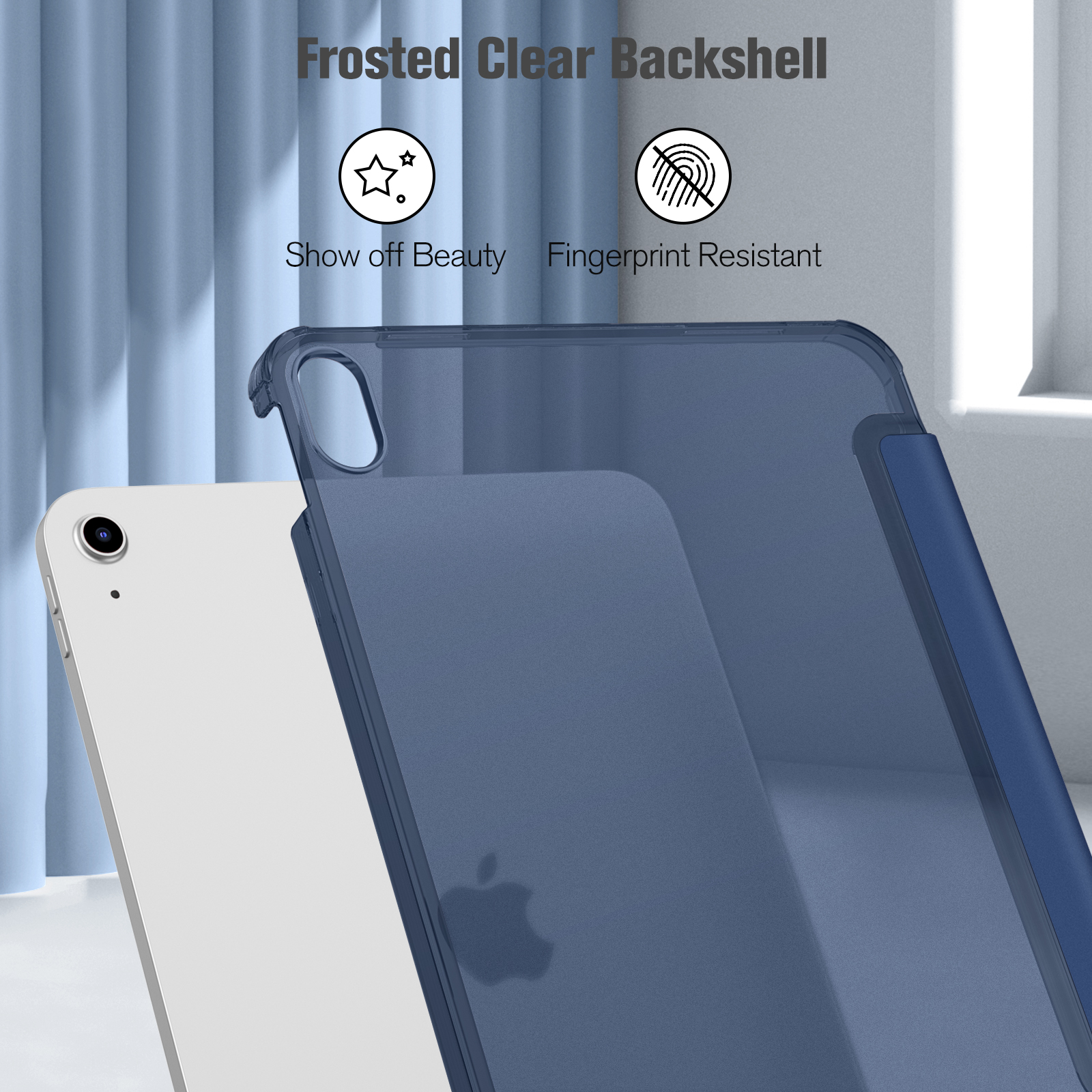 Eine blaue iPad-Hülle verfügt über eine mattierte, transparente Rückschale, die resistent gegen Fingerabdrücke ist.
