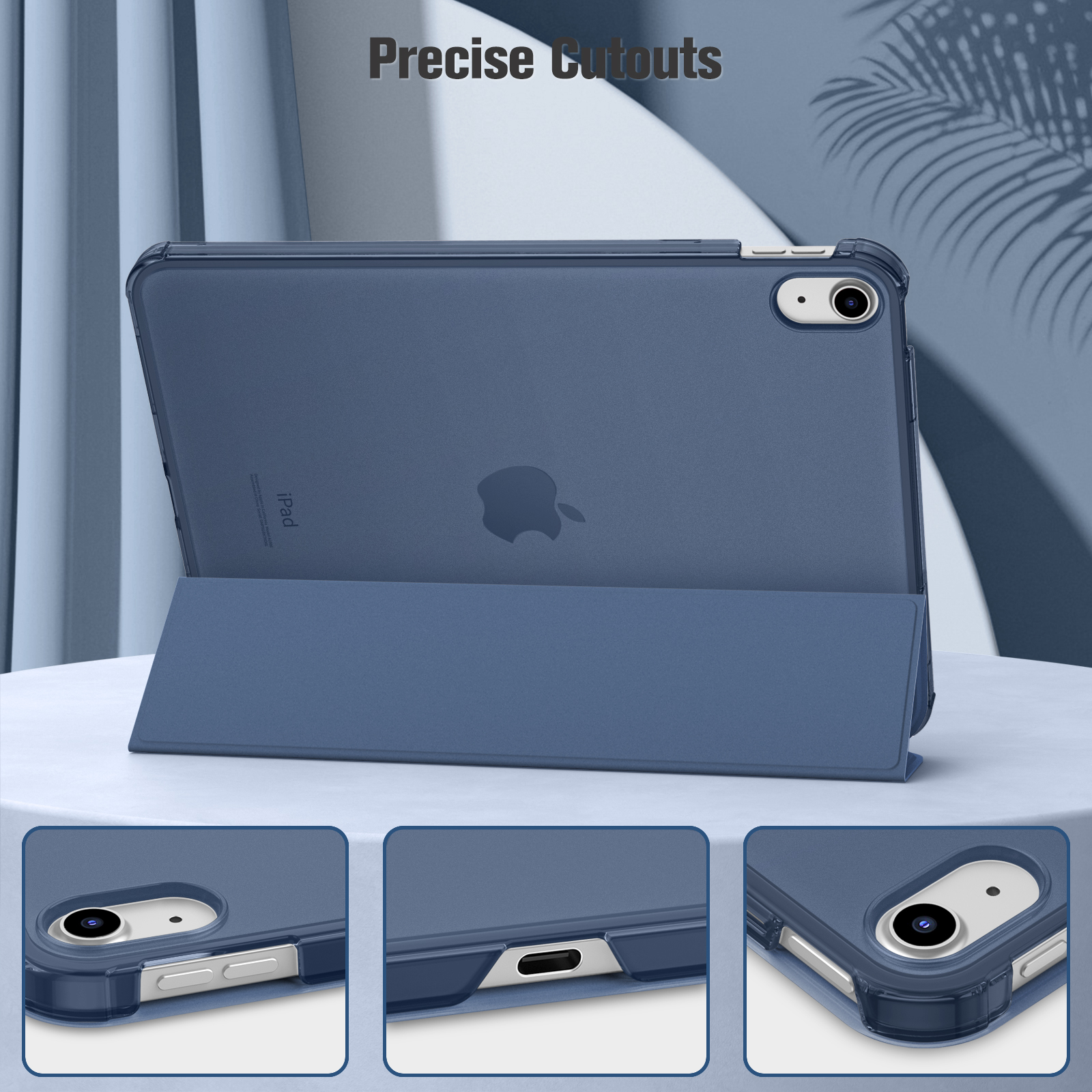 Eine blaue iPad-Hülle verfügt über präzise Aussparungen, die mit Detailaufnahmen der Öffnungen gezeigt werden.
