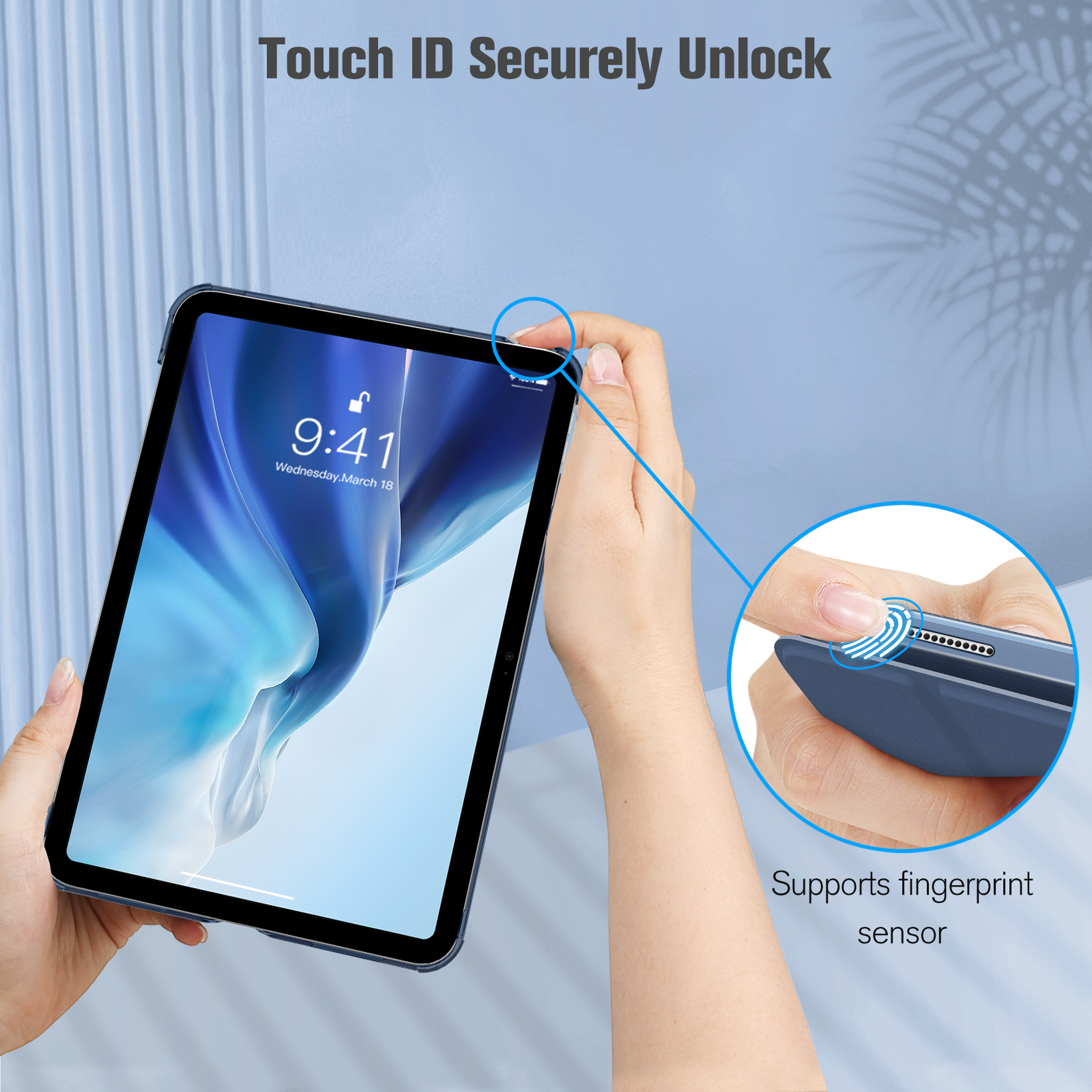 Eine blaue iPad-Hülle unterstützt das Entsperren per Fingerabdrucksensor.