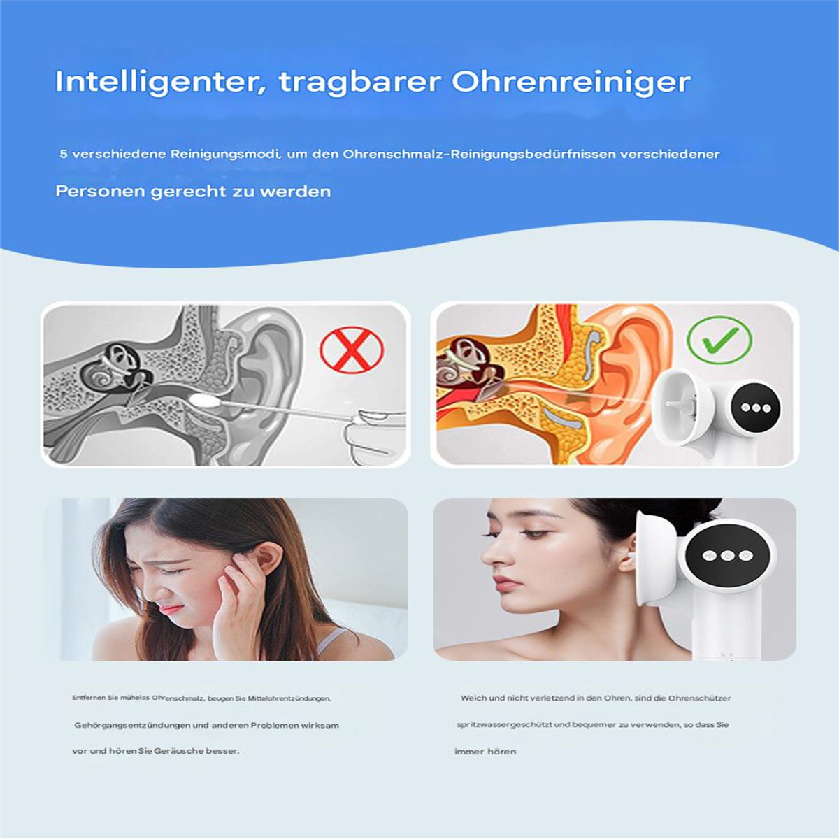 Werbung, die den Ohrenreiniger mit Diagrammen der Ohrenanatomie und -verwendung zeigt.
