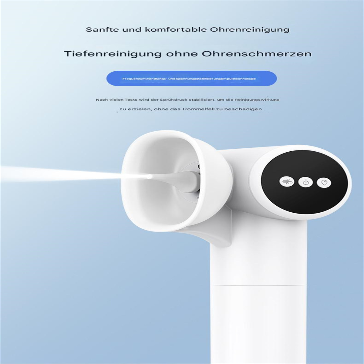 Der Ohrenreiniger sprüht Wasser in das Ohr mit einem Diagramm des Prozesses.