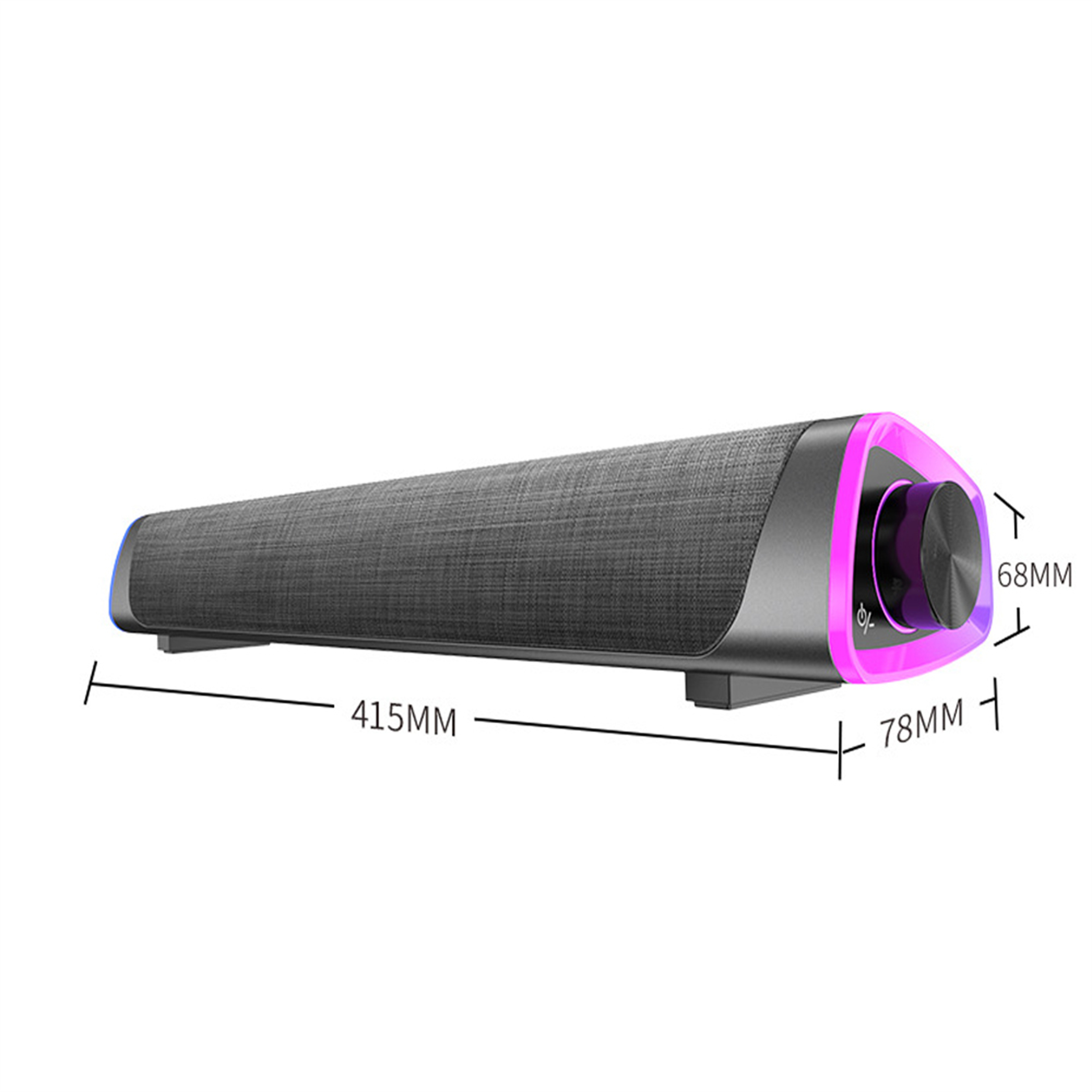 Eine graue Soundbar mit Abmessungen. Sie verfügt über eine Stofffront und einen violett beleuchteten Bedienknopf auf der rechten Seite.