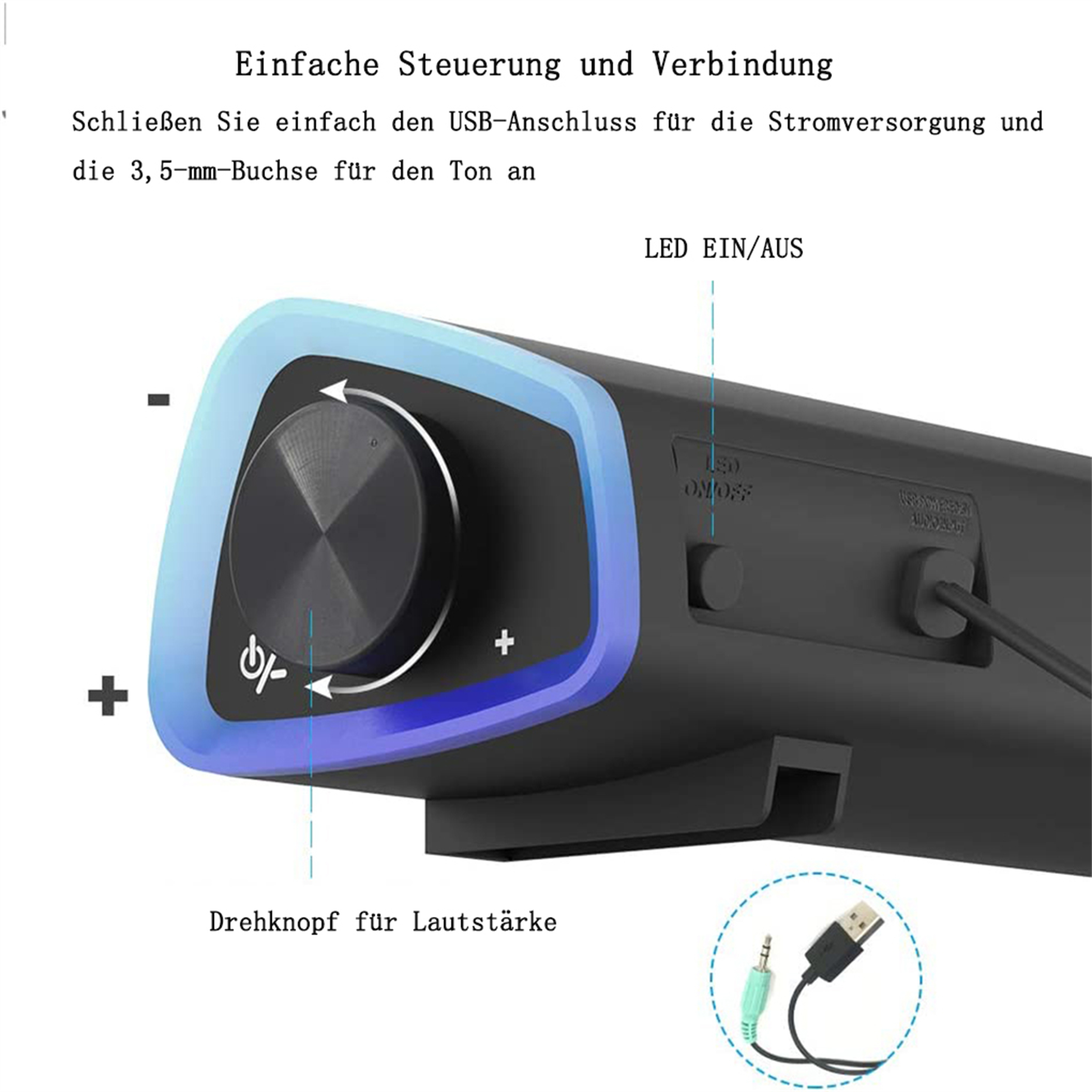 Nahaufnahme des Bedienfelds einer Soundbar mit Lautstärkeregler, LED-Ein-/Ausschalter und beschrifteten Anschlüssen für einfache Verbindung.