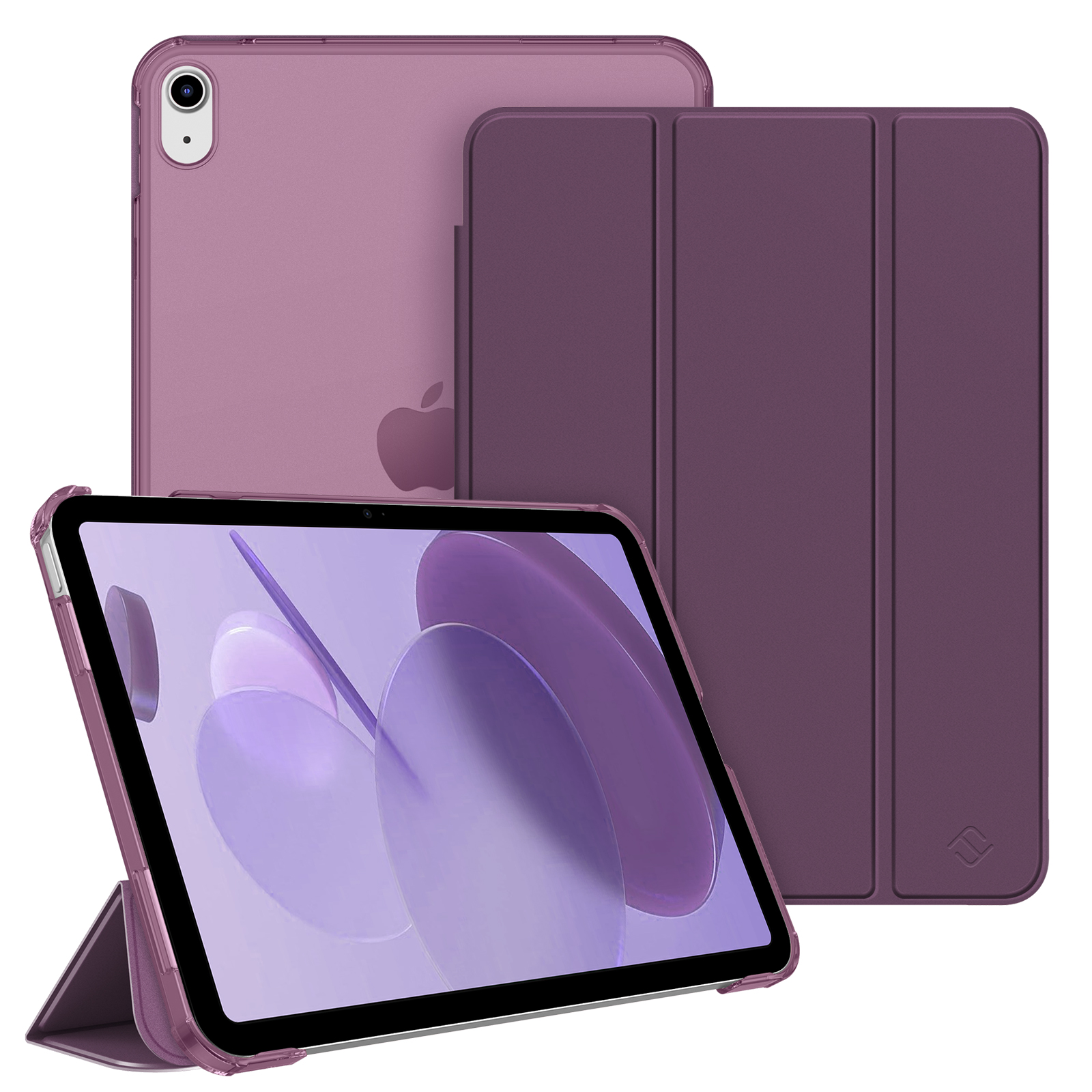 Drei violette iPad-Hüllen werden gezeigt, die verschiedene Winkel und Merkmale der Schutzhüllen präsentieren.