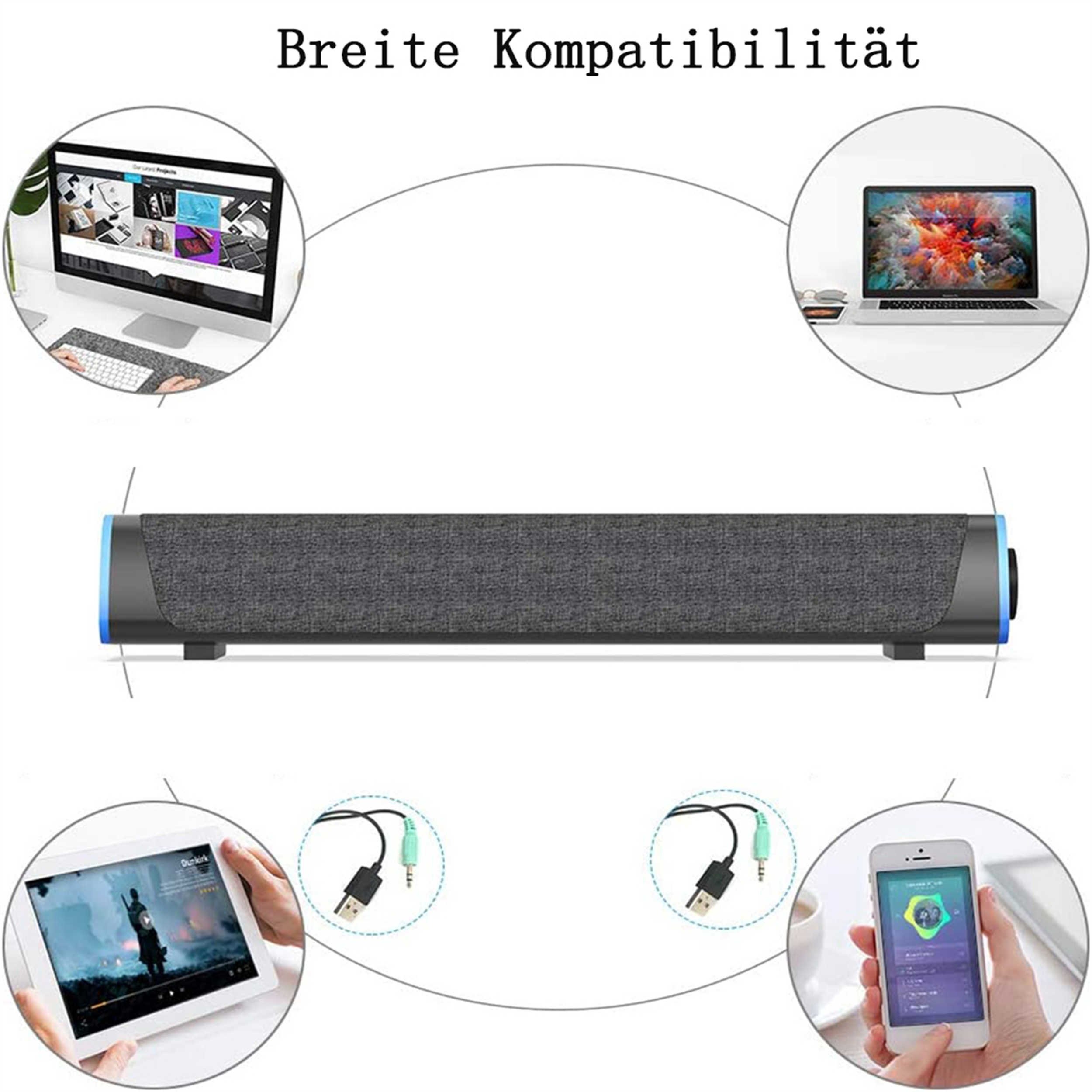 Eine graue Soundbar mit blau beleuchteten Kanten ist zwischen Bildern von Geräten zentriert, mit denen sie sich verbindet, und zeigt ihre Kompatibilität.