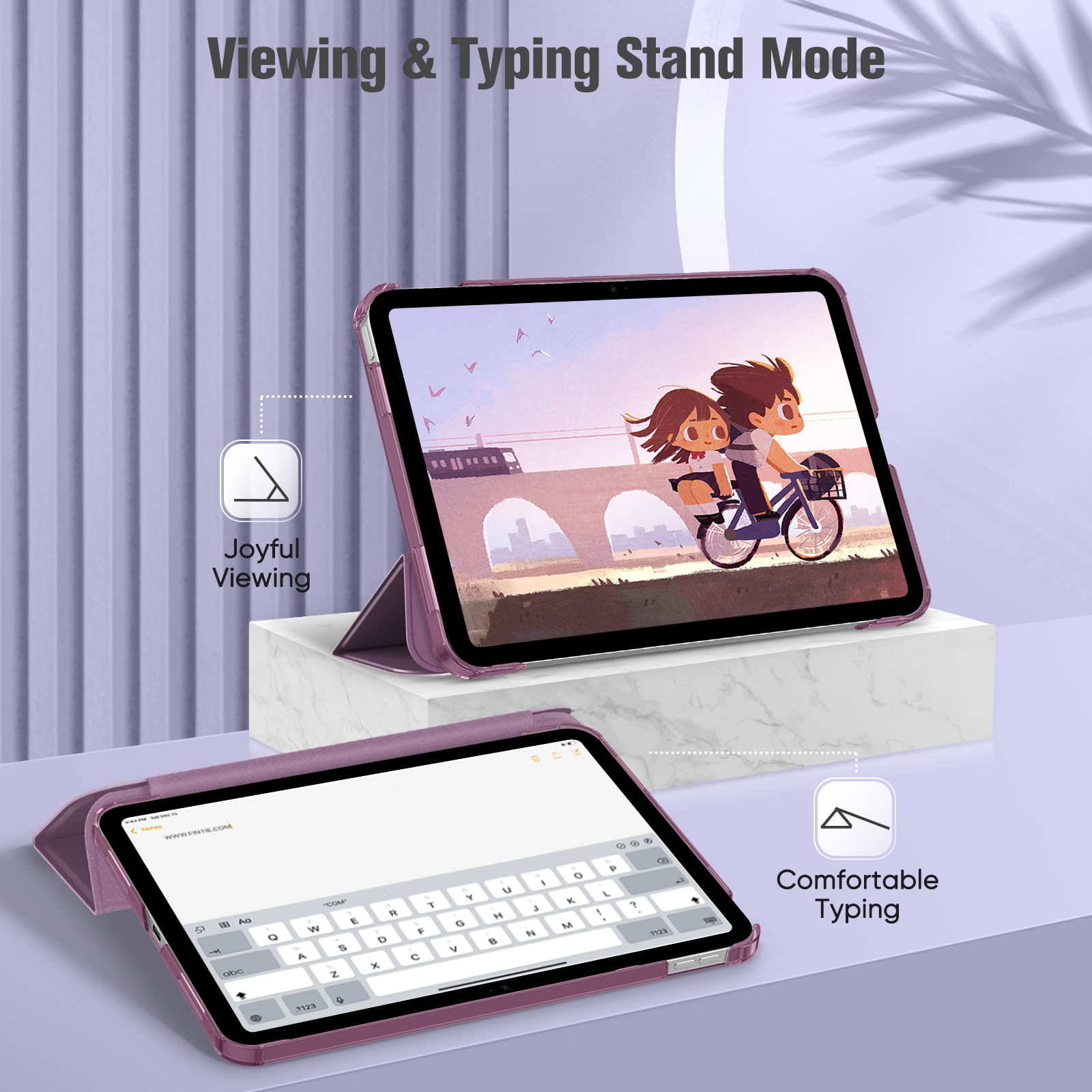 Violettes iPad-Hülle, die sowohl einen Betrachtungs- als auch einen Tippständer bietet, auf einer Marmoroberfläche mit illustrativen Symbolen dargestellt.