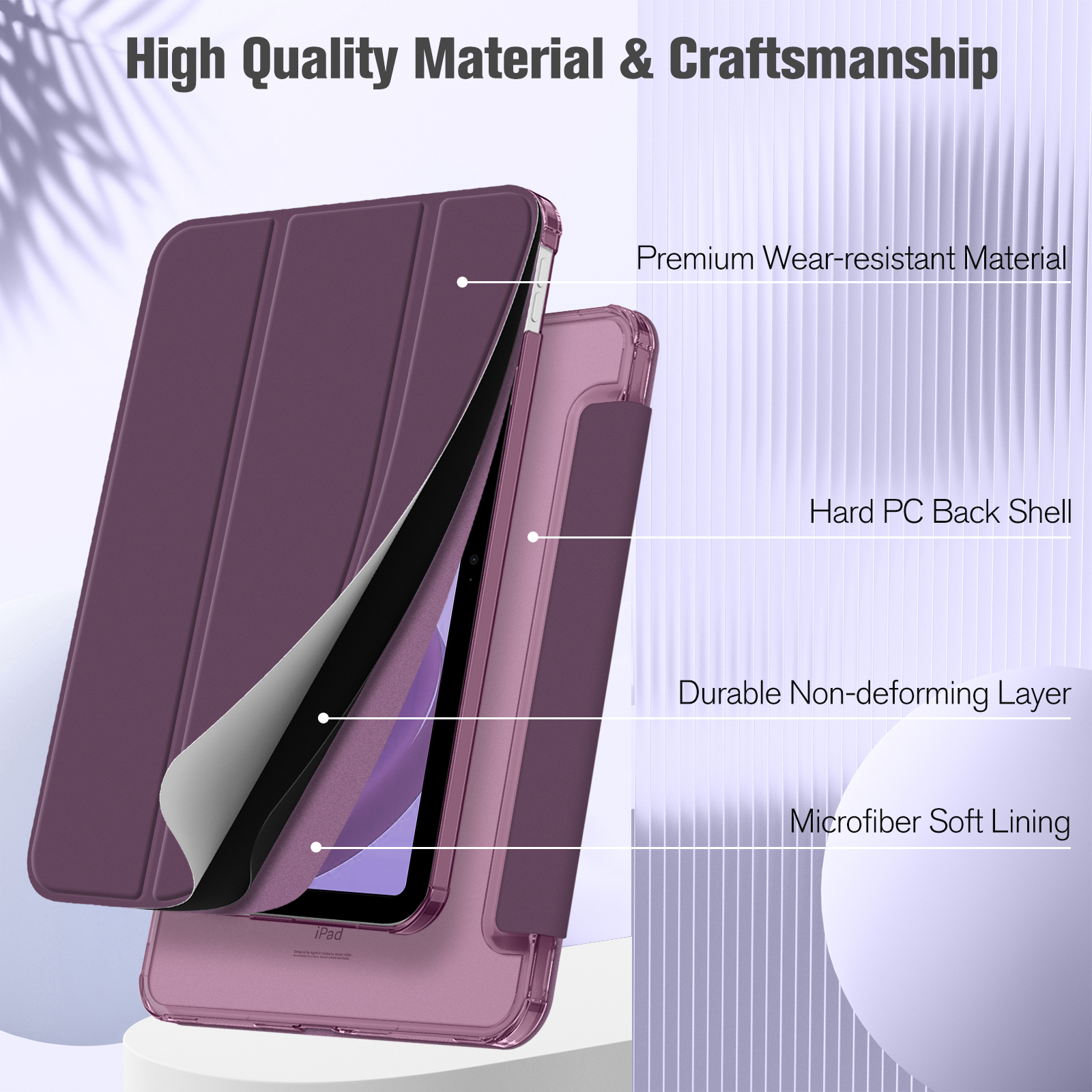 Violettes iPad-Hülle mit hochwertigem, verschleißfestem Material, harter PC-Rückschale und weichem Mikrofaserfutter.