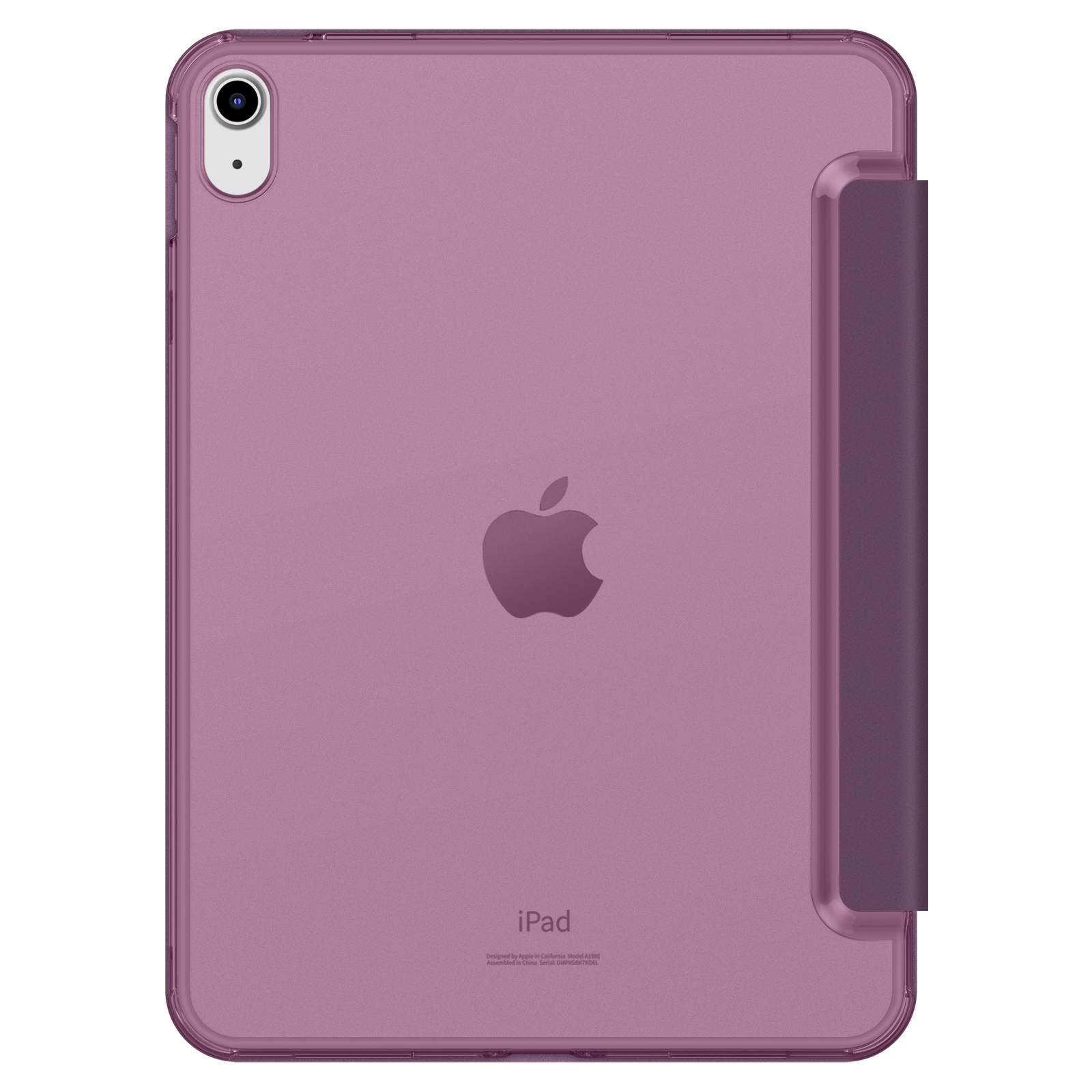 Eine durchscheinende lila Tablet-Hülle zeigt ein Apple-Logo auf weißem Hintergrund.