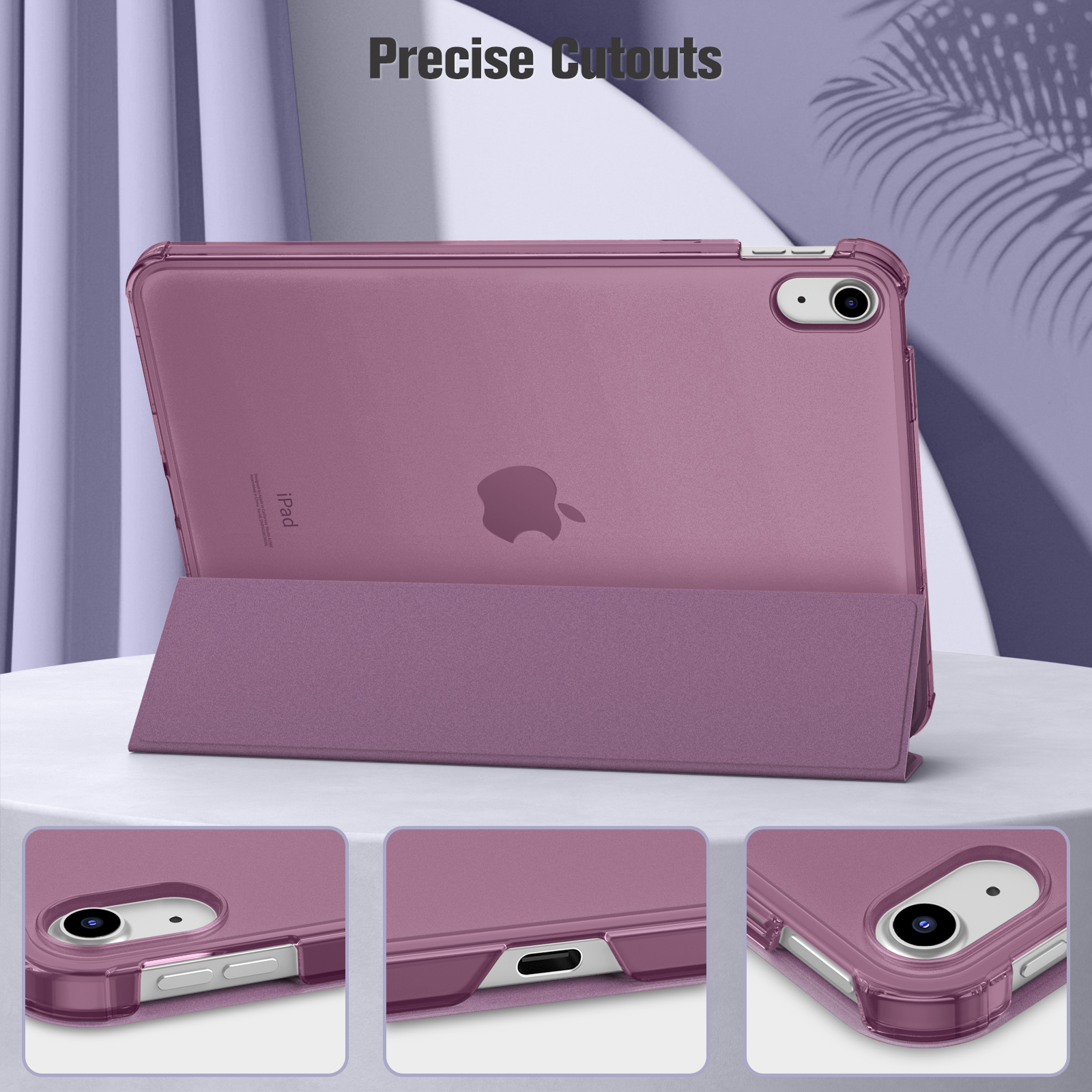 Eine lila Tablet-Hülle mit Ständer zeigt ein Apple-Logo mit detaillierten Ausschnitten für Anschlüsse und Kamera.
