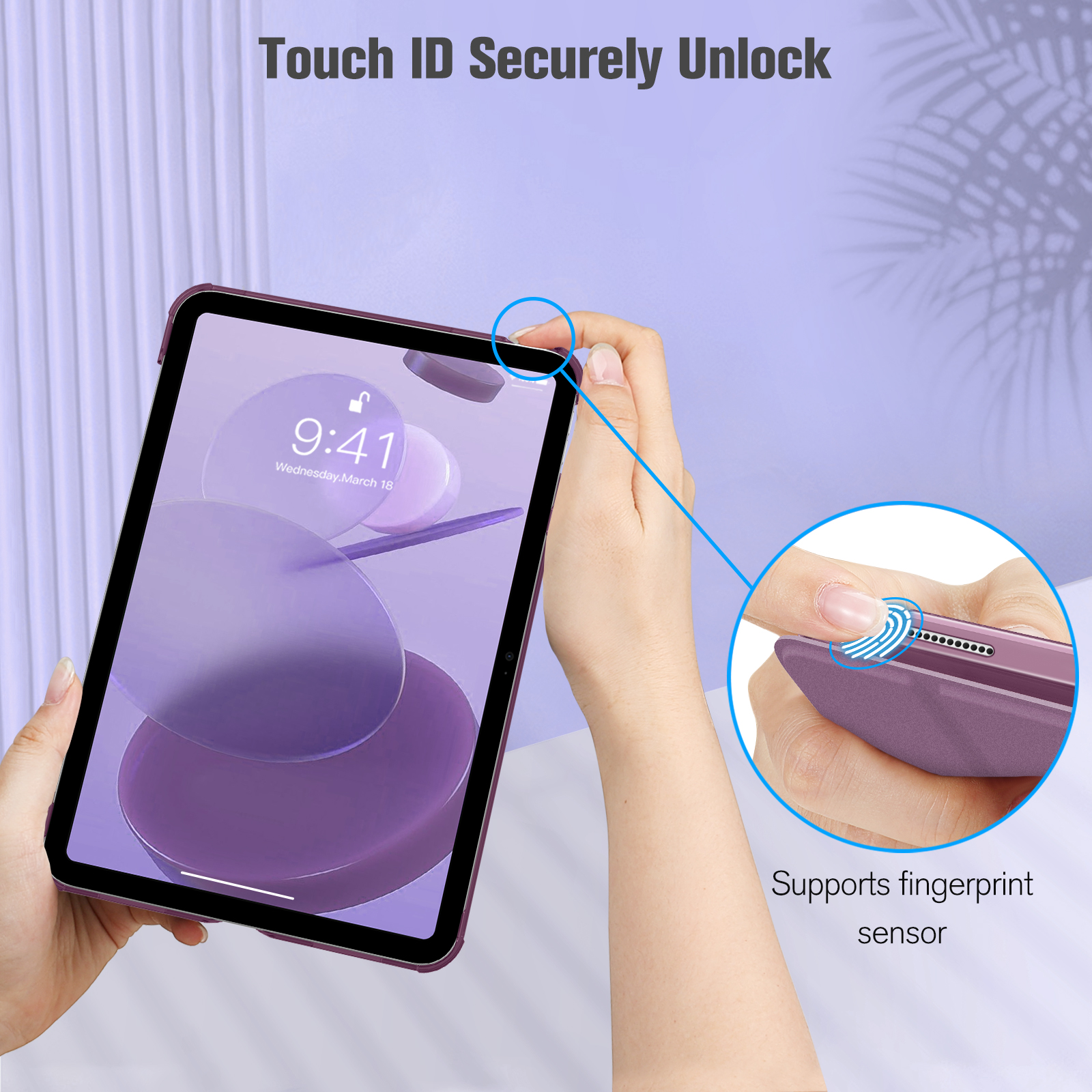 Ein Tablet in einer lila Hülle wird per Touch ID entsperrt und zeigt das Datum und den Fingerabdrucksensor an.