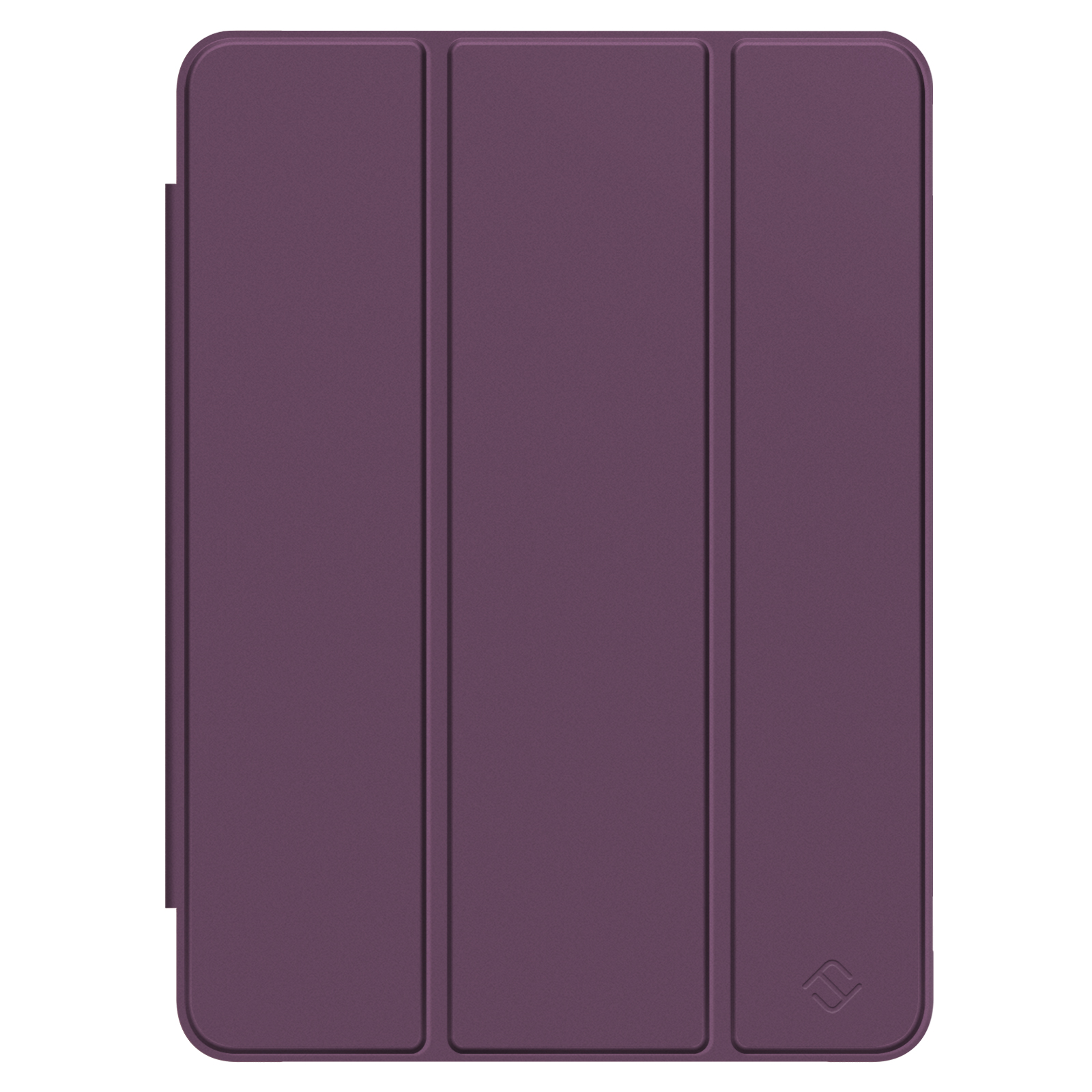 Eine einfarbige lila Tablet-Hülle ist geschlossen und zeigt eine strukturierte Oberfläche und ein kleines Logo unten.