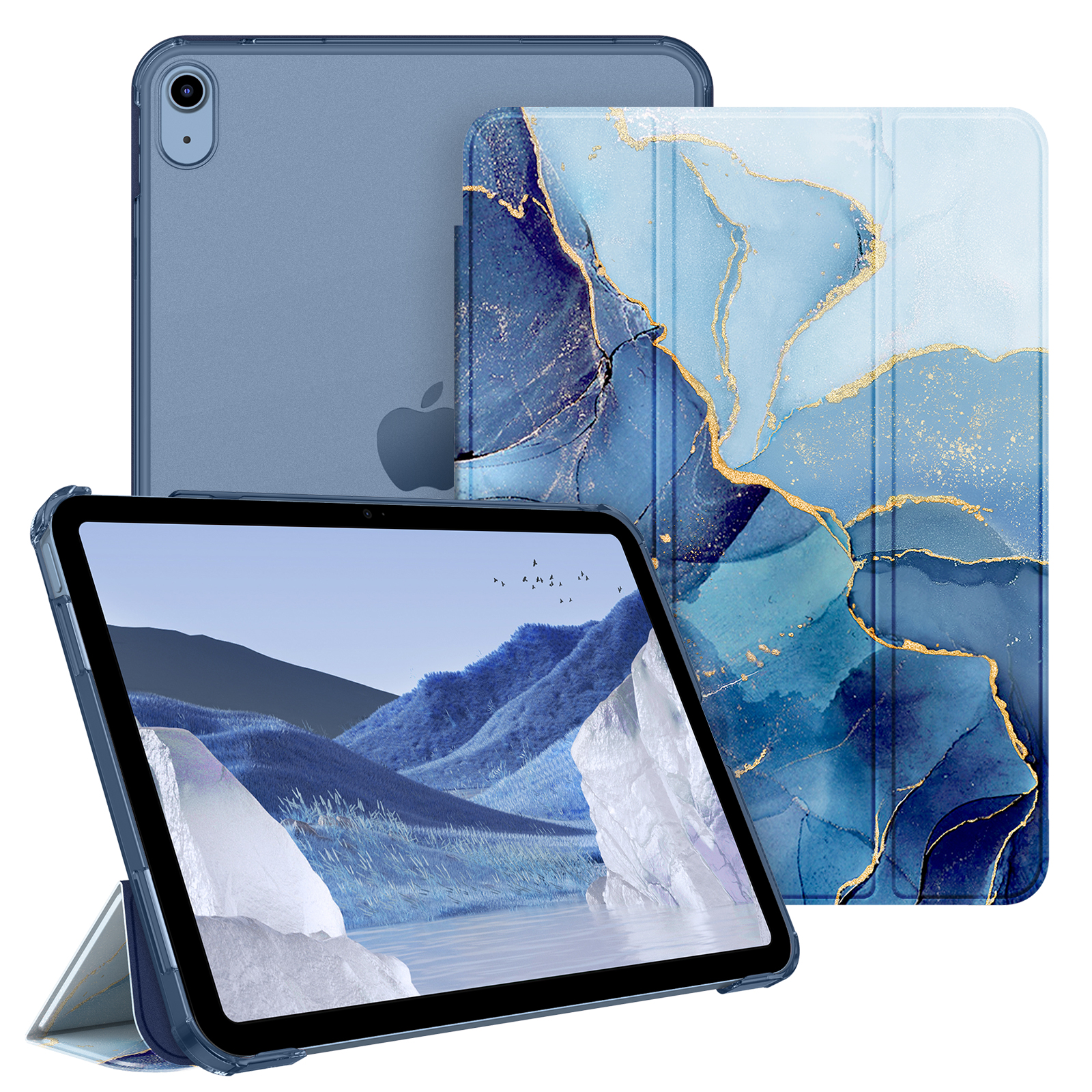 Ein blaues Tablet mit einer marmorierten Hülle zeigt eine Berglandschaft auf dem Bildschirm.