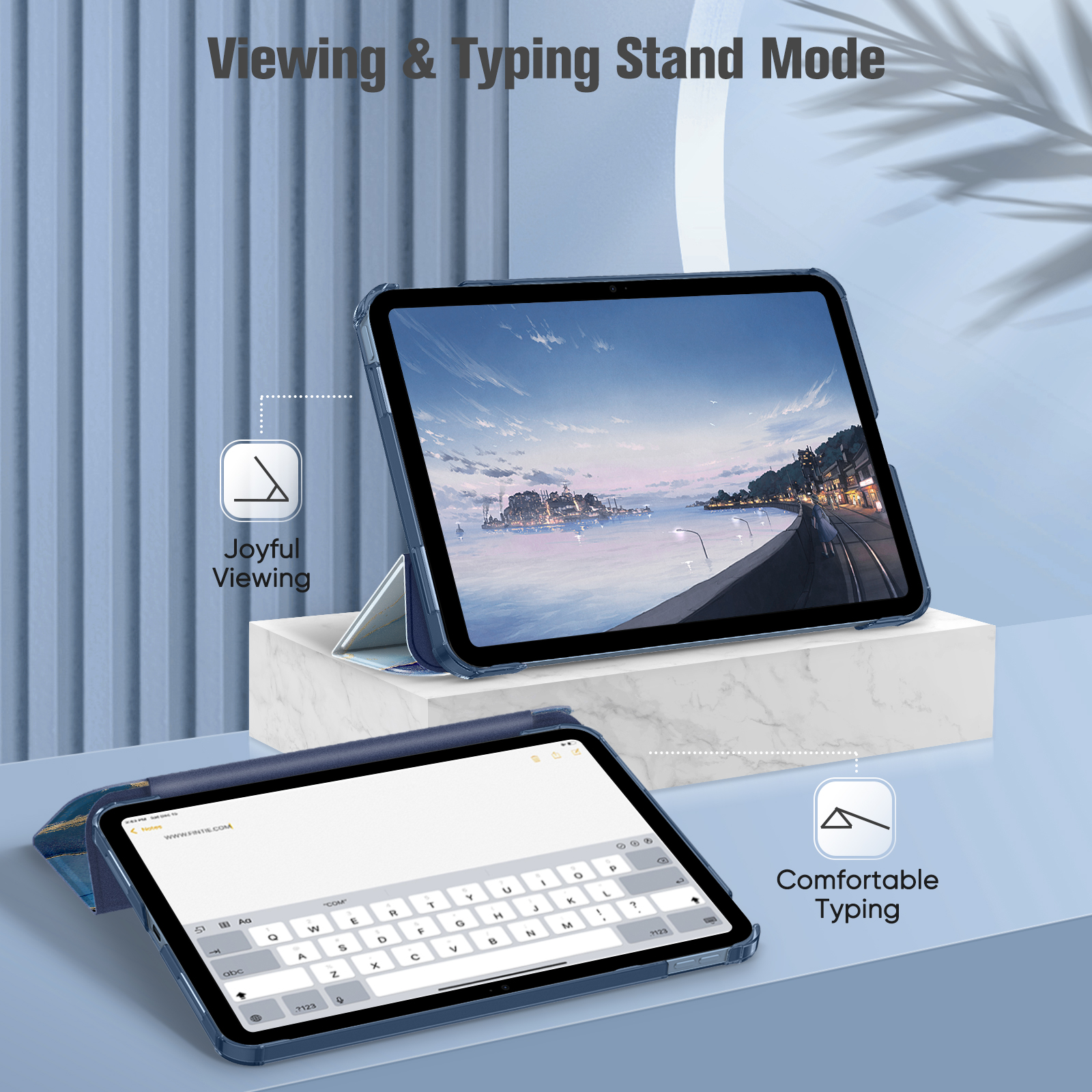 Zwei Tablets in blauen Hüllen zeigen Betrachtungs- und Tippständer-Modi mit einer Tastatur auf einem Bildschirm.