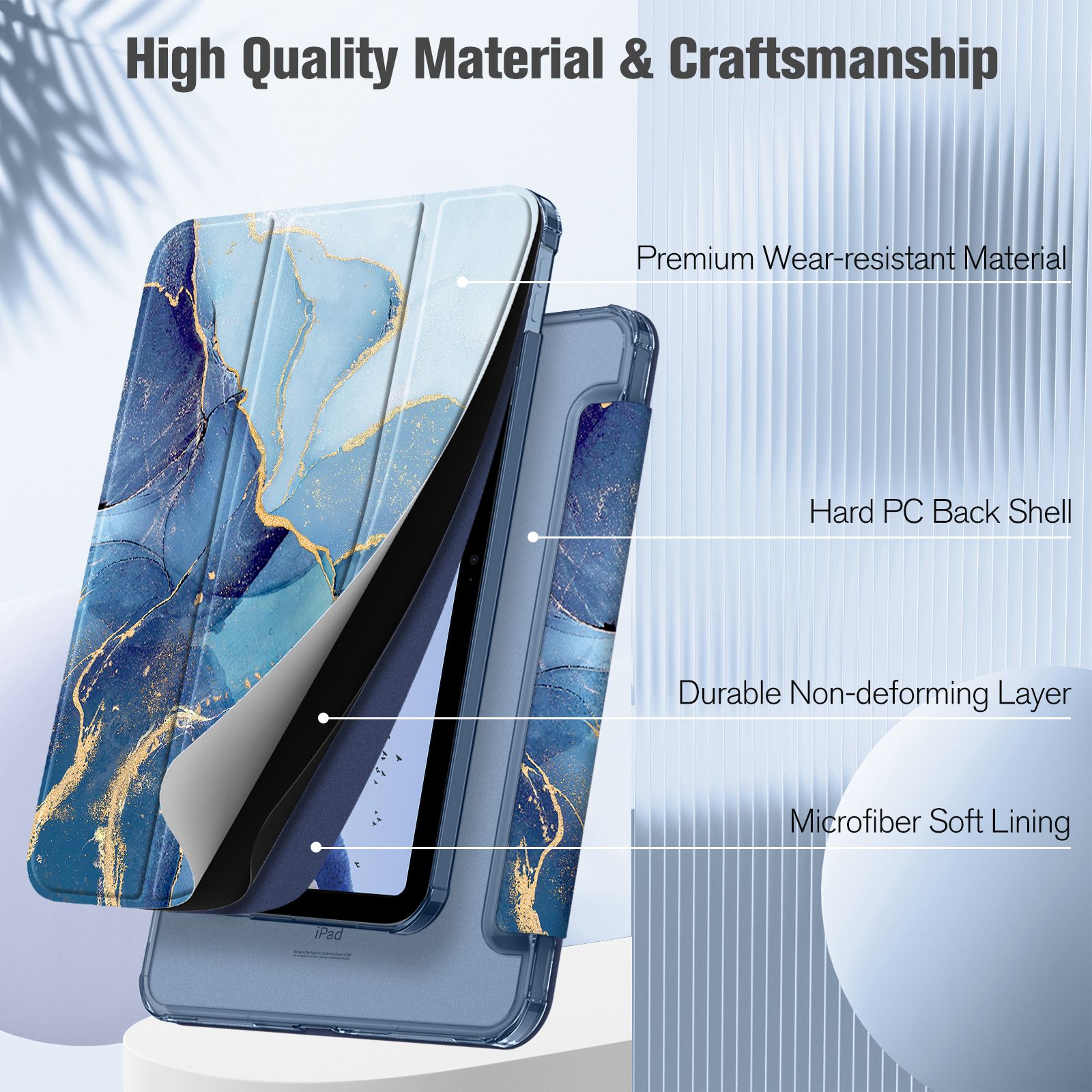 Eine blaue Tablet-Hülle mit Marmordesign ist geschichtet, um ihr verschleißfestes Material und das weiche Futter zu zeigen.