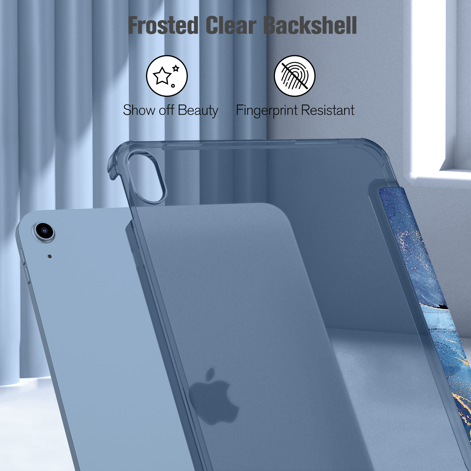 Ein teilweise sichtbares blaues Tablet ist mit einer durchscheinenden blauen Hülle bedeckt, die ein Apple-Logo zeigt.