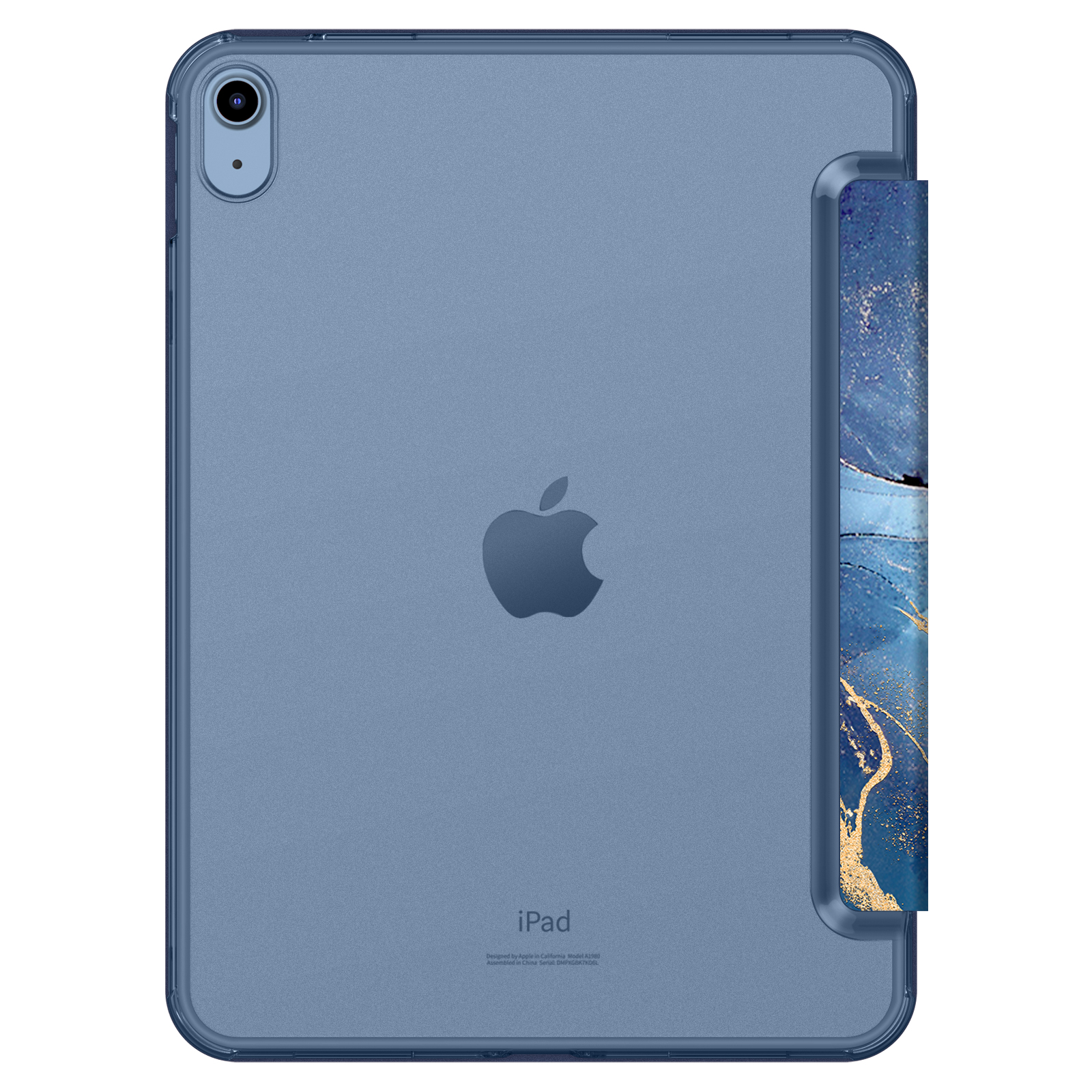 Eine durchscheinende blaue Tablet-Hülle zeigt ein Apple-Logo vor einem weißen Hintergrund.