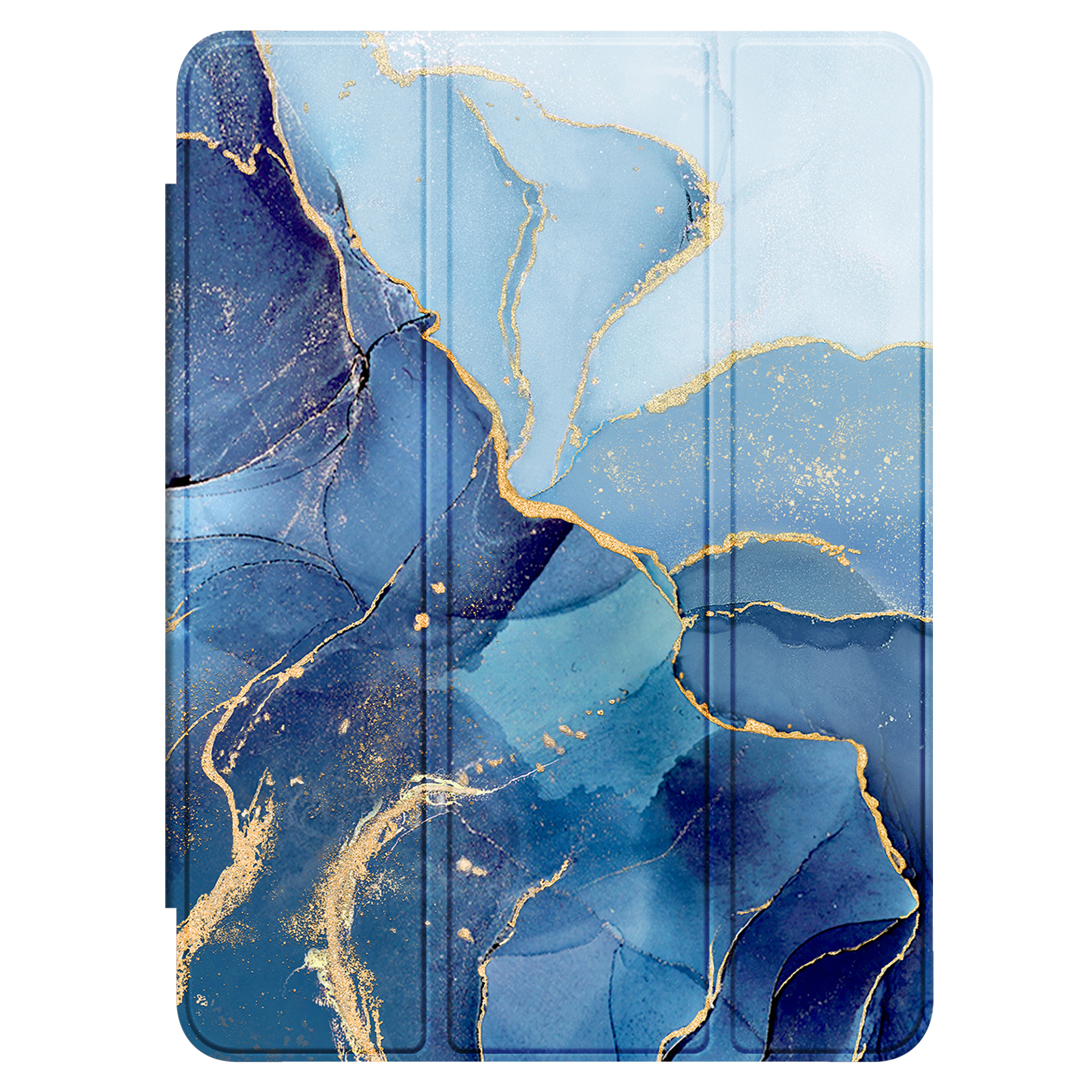 Eine blaue Tablet-Hülle mit Marmordesign verfügt über blaue und goldene Akzente.