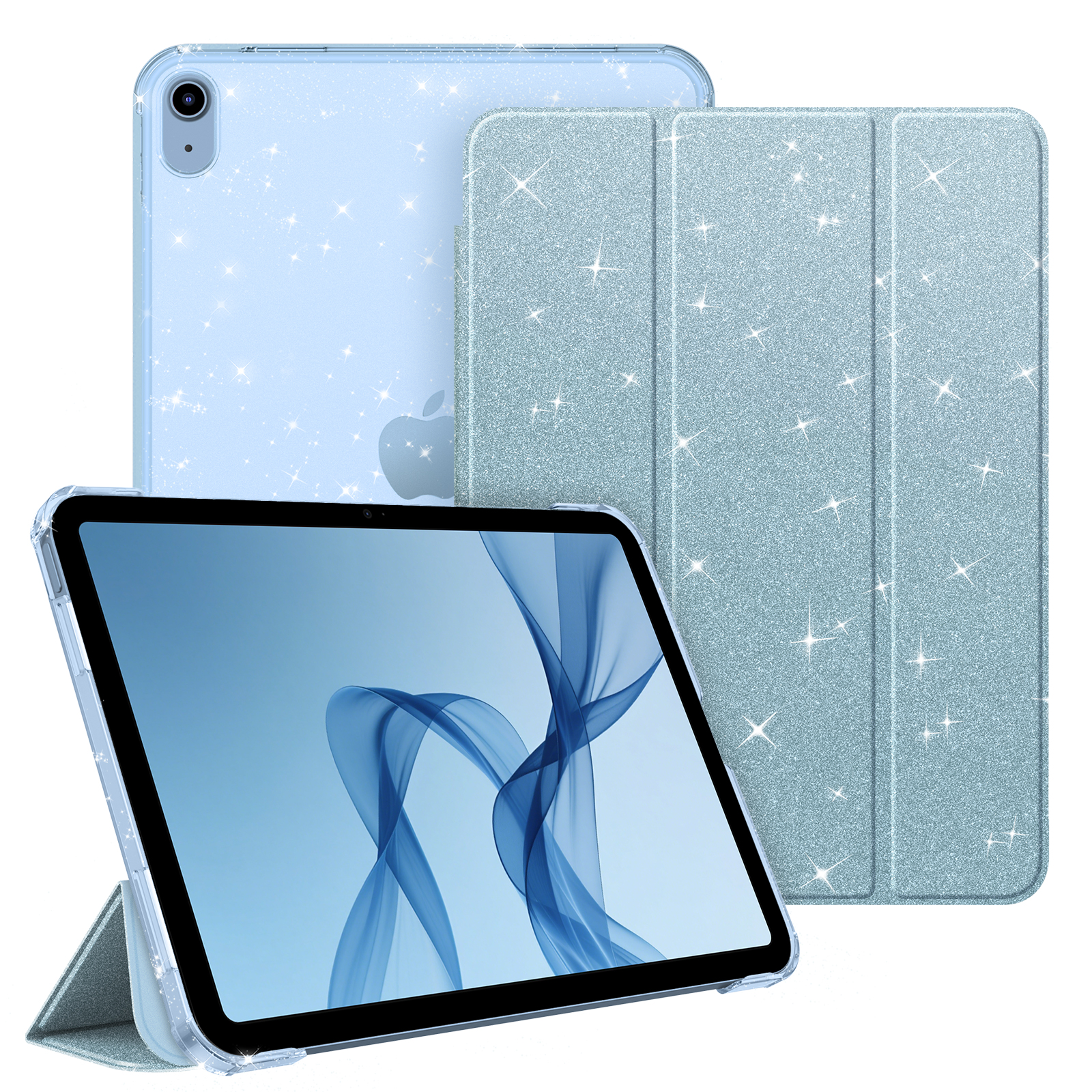 Ein hellblaues Tablet mit einer transparenten Hülle und einer glitzernden Abdeckung auf weißem Hintergrund.