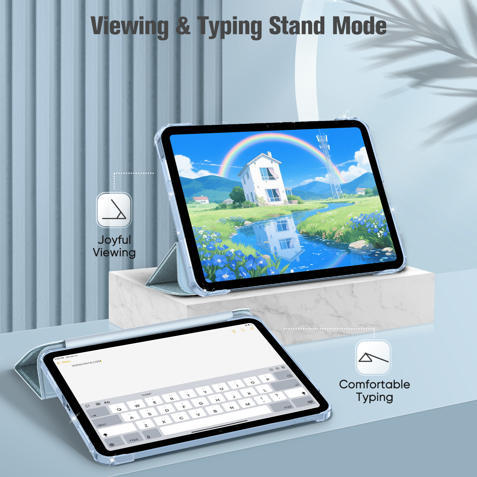 Zwei hellblaue Tablets mit einer transparenten Hülle und einer glitzernden Abdeckung auf weißem Hintergrund.