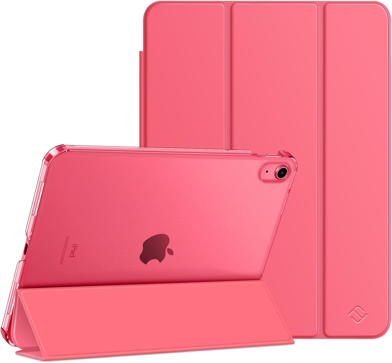 Ein rosa iPad steht mit seiner Hülle und zeigt das Apple-Logo auf der Rückseite.