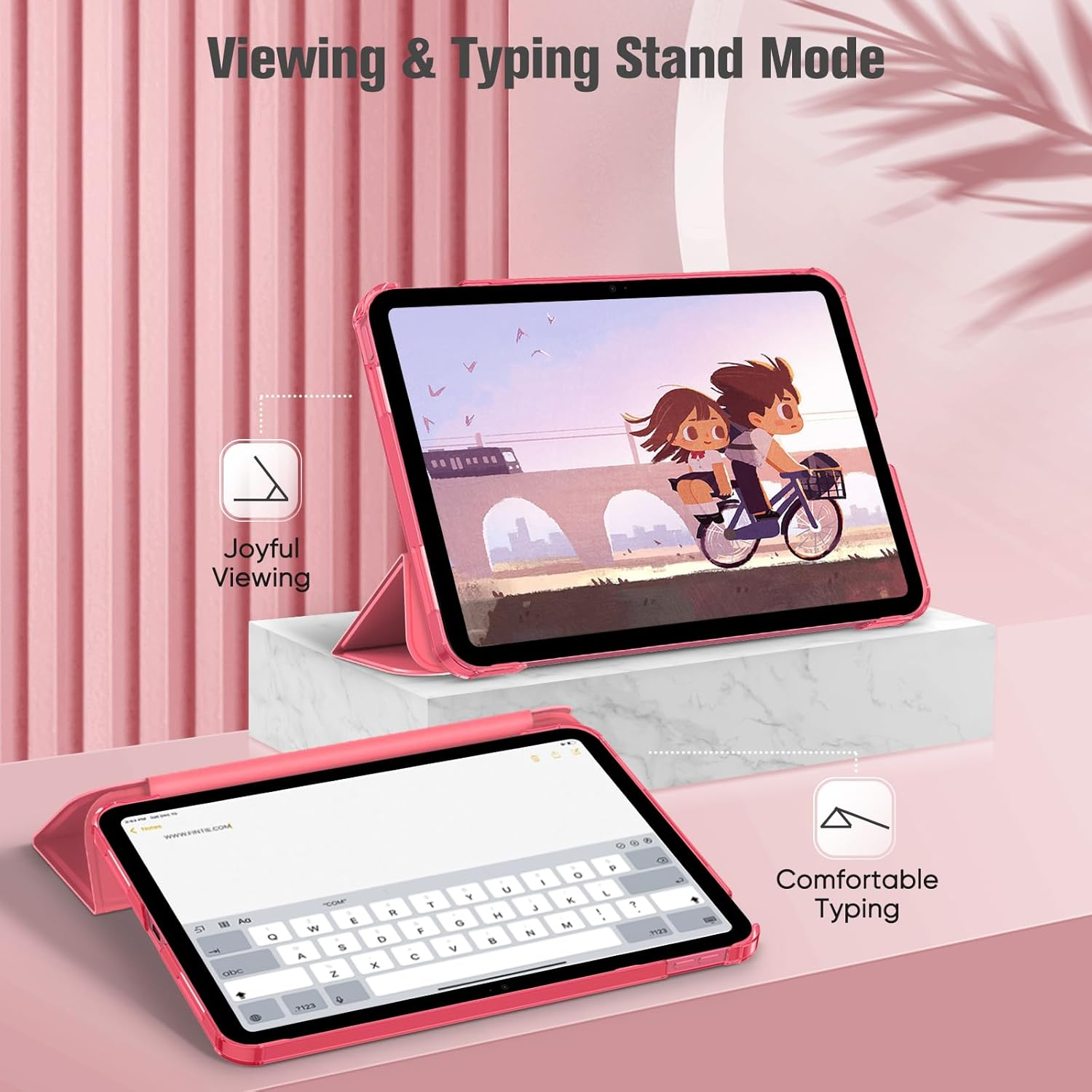 Zwei rosa iPads werden im Betrachtungs- und Tippstandmodus auf einer weißen Oberfläche gezeigt.