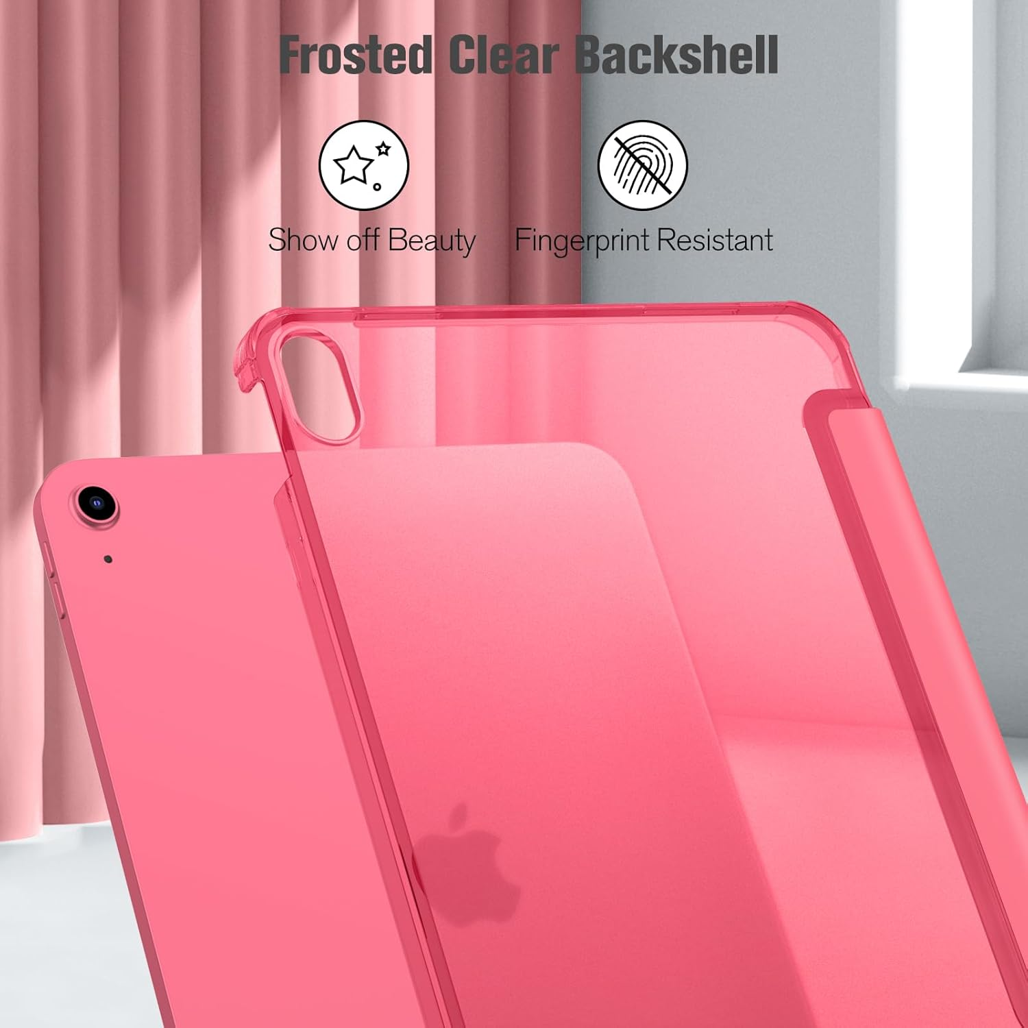 Eine mattierte, durchsichtige, rosa iPad-Rückschale wird vor einem rosa Hintergrund gezeigt.