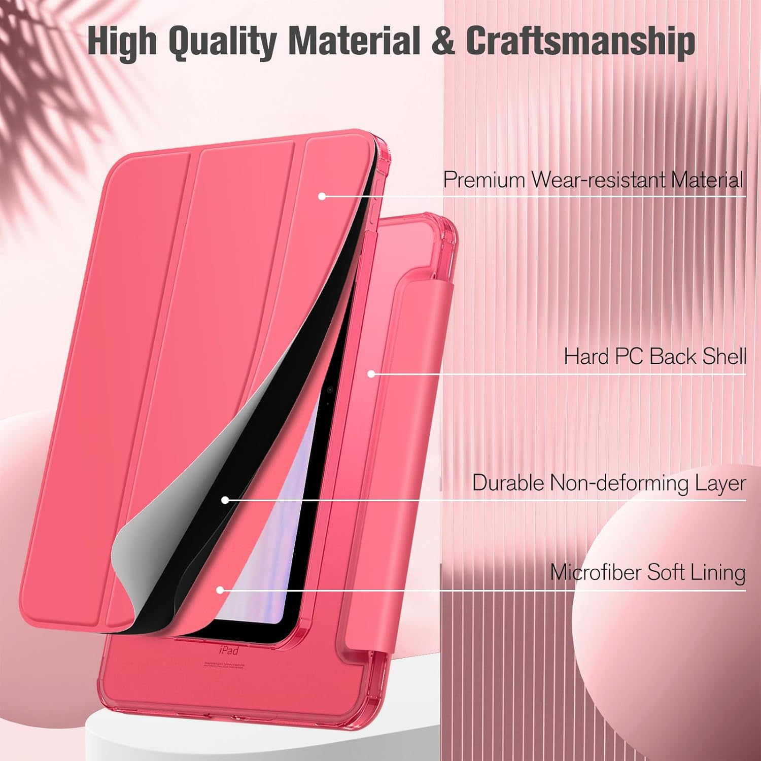 Eine rosa iPad-Hülle mit hochwertigem, verschleißfestem Material und einer harten PC-Rückschale wird gezeigt.