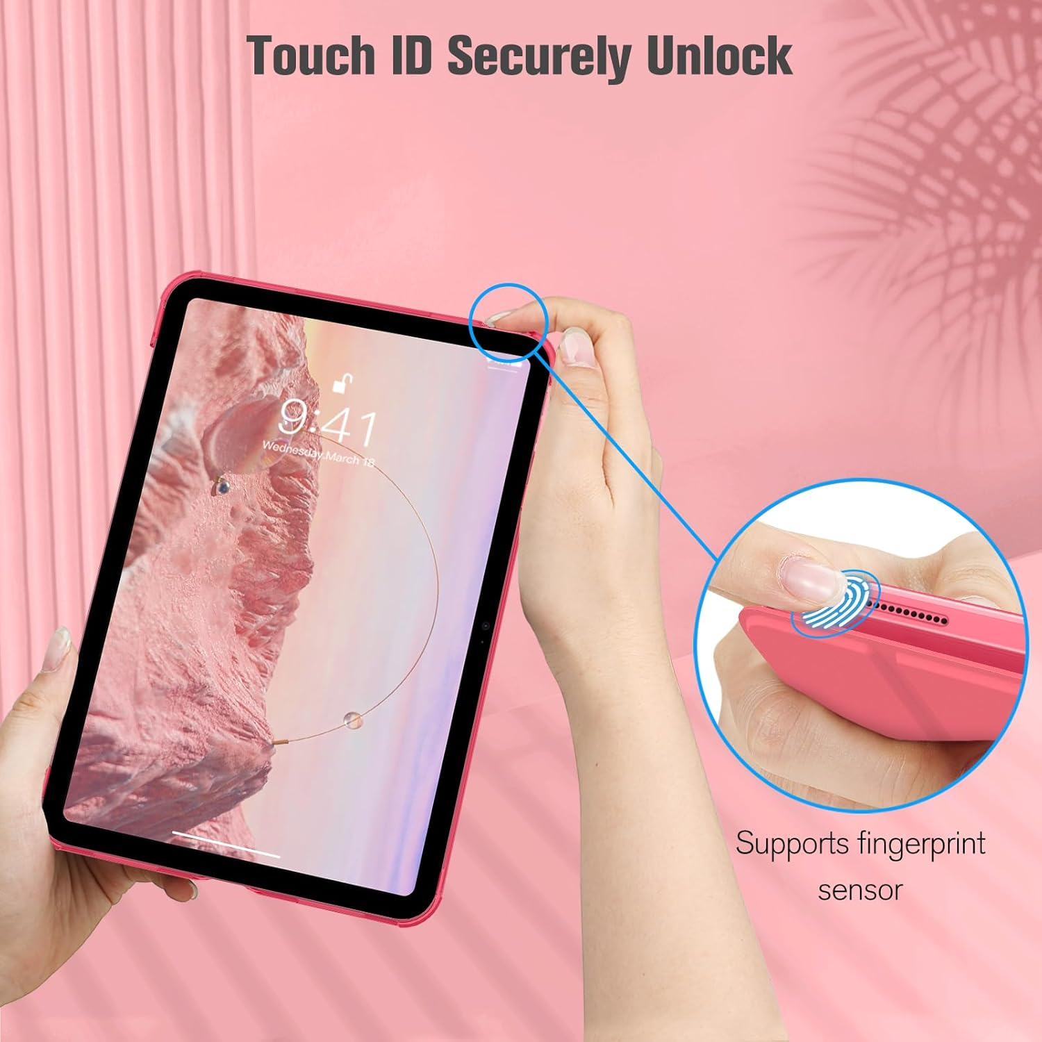 Ein rosa iPad wird mit Touch ID entsperrt. Der Bildschirm zeigt die Uhrzeit 9:41 an.